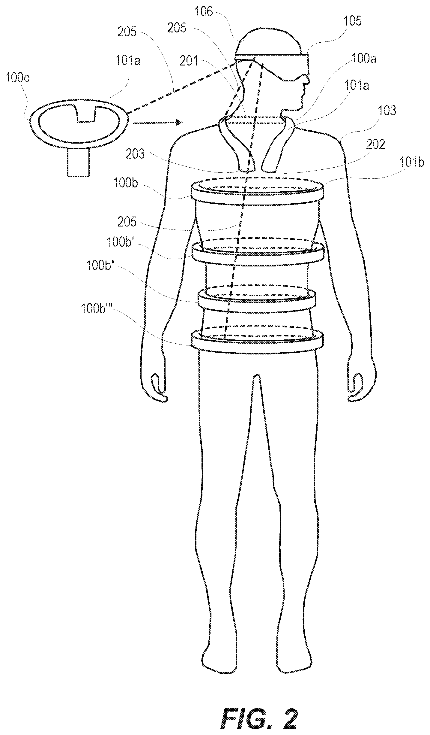 Patent US12107613 Figure 2 – Communication device with body-worn distributed antennas