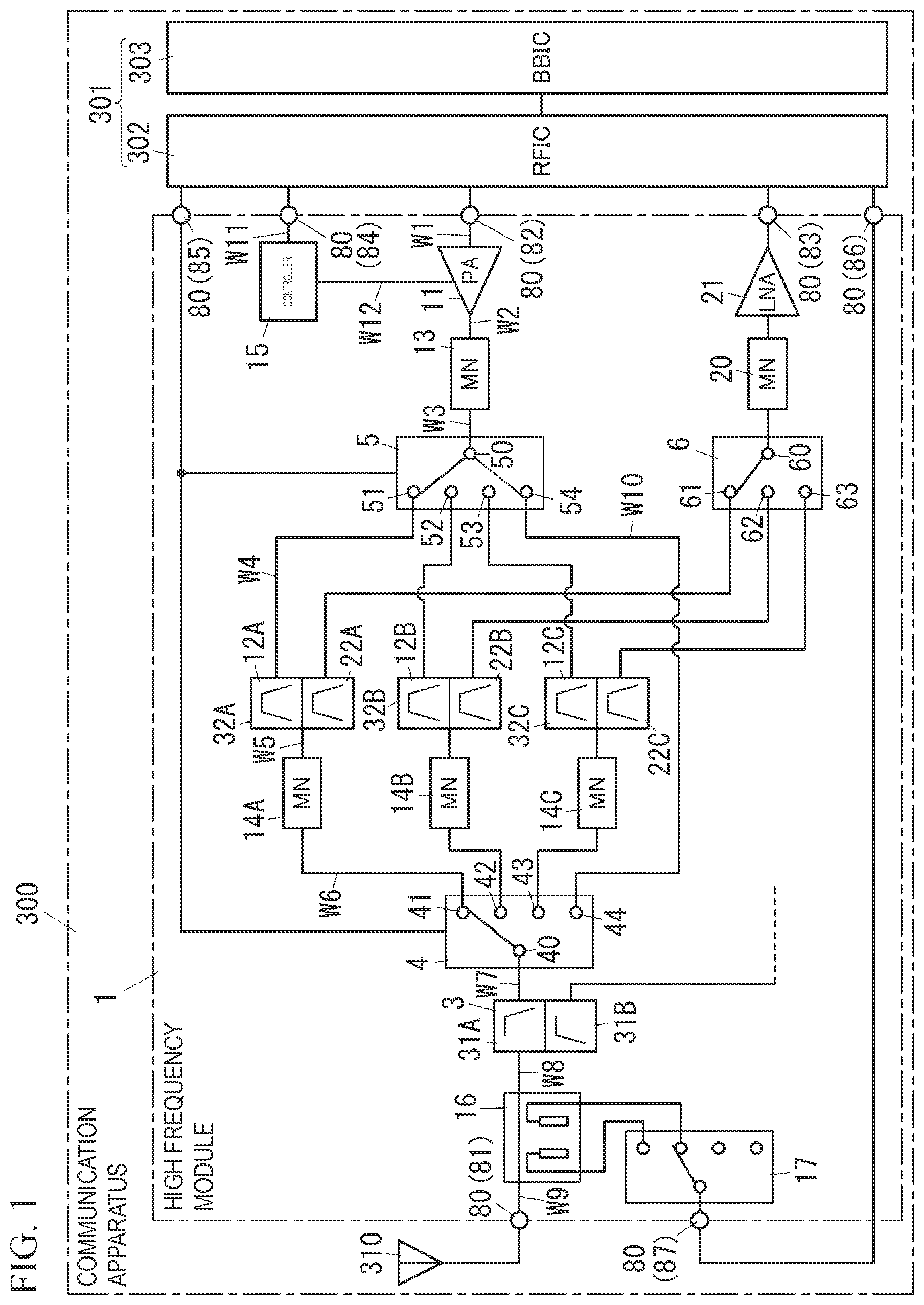 Patent US12107616 Figure 1 – High frequency module and communication apparatus
