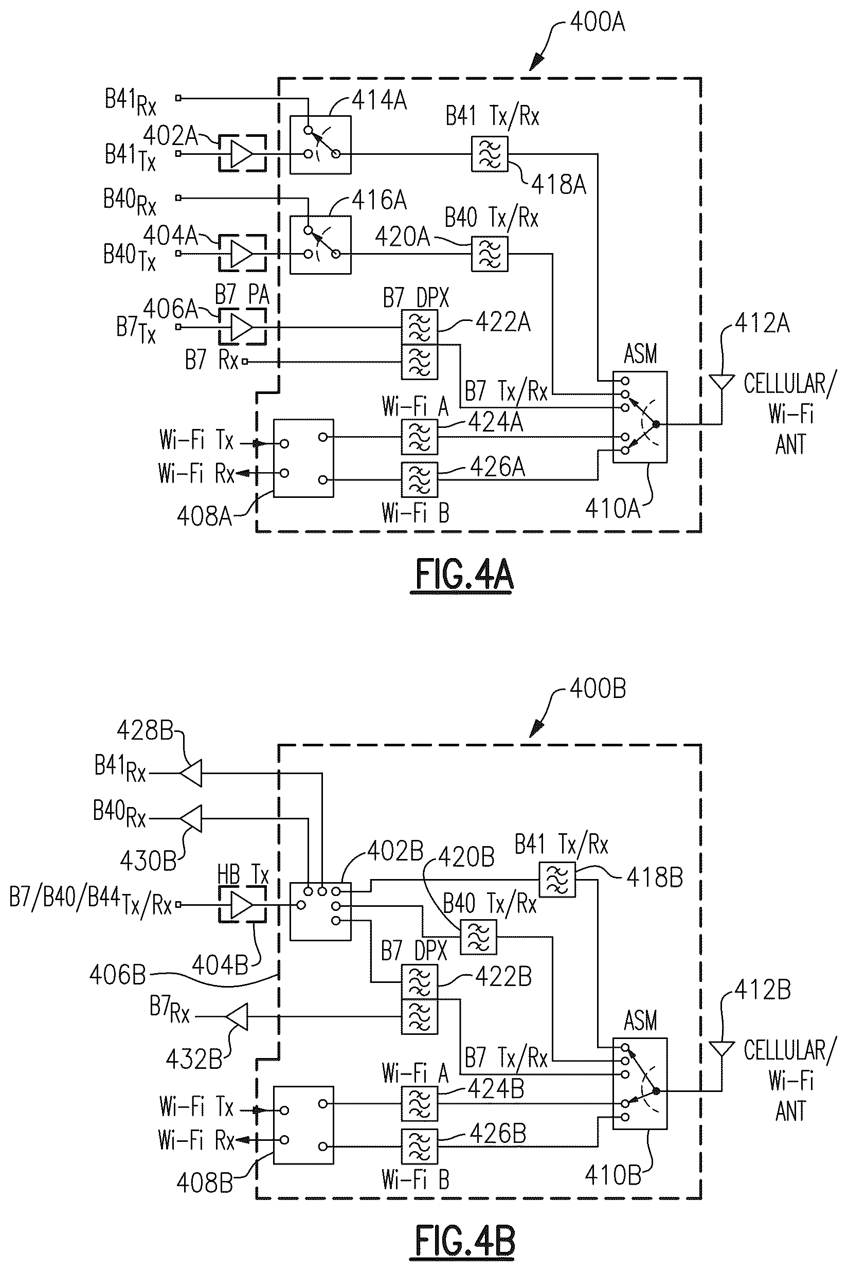 Patent US12107618 Figure 4 – Converged radio frequency front-end architecture