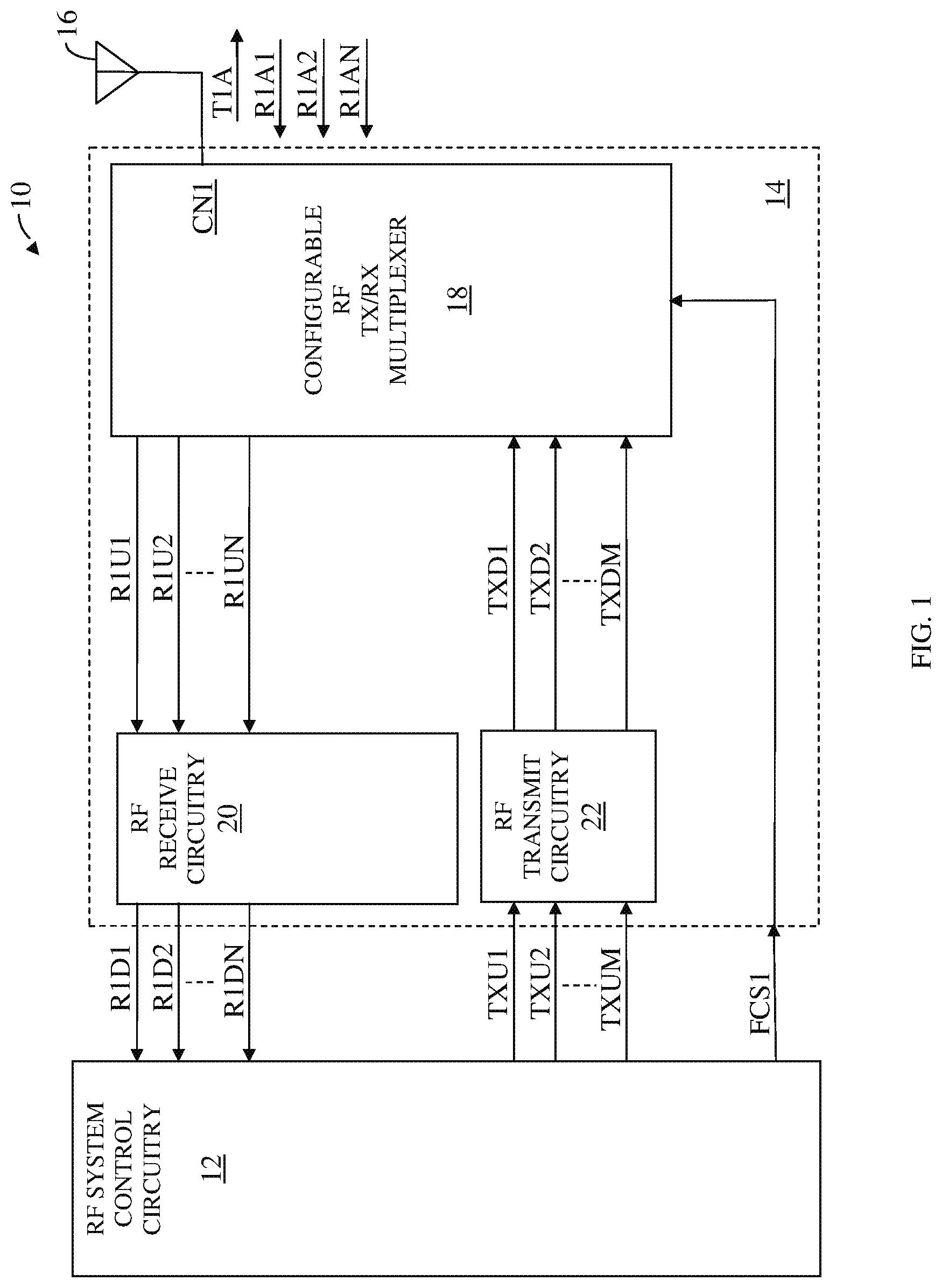 Patent US12107619 Figure 1 – Switchable RF transmit/receive multiplexer