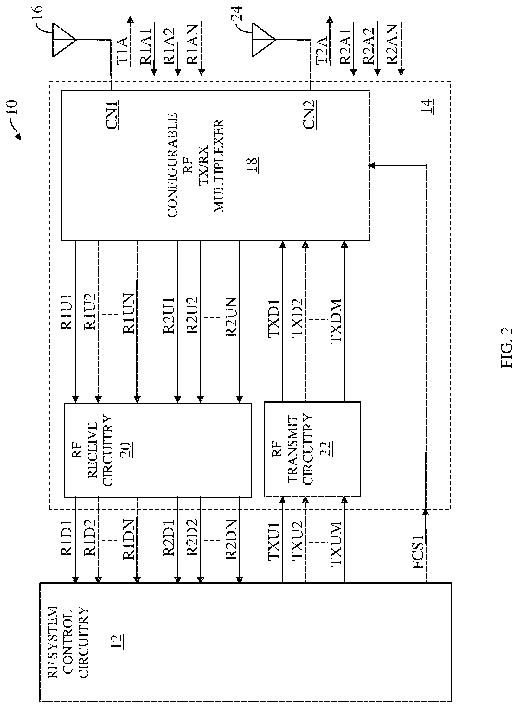 Patent US12107619 Figure 2 – Switchable RF transmit/receive multiplexer