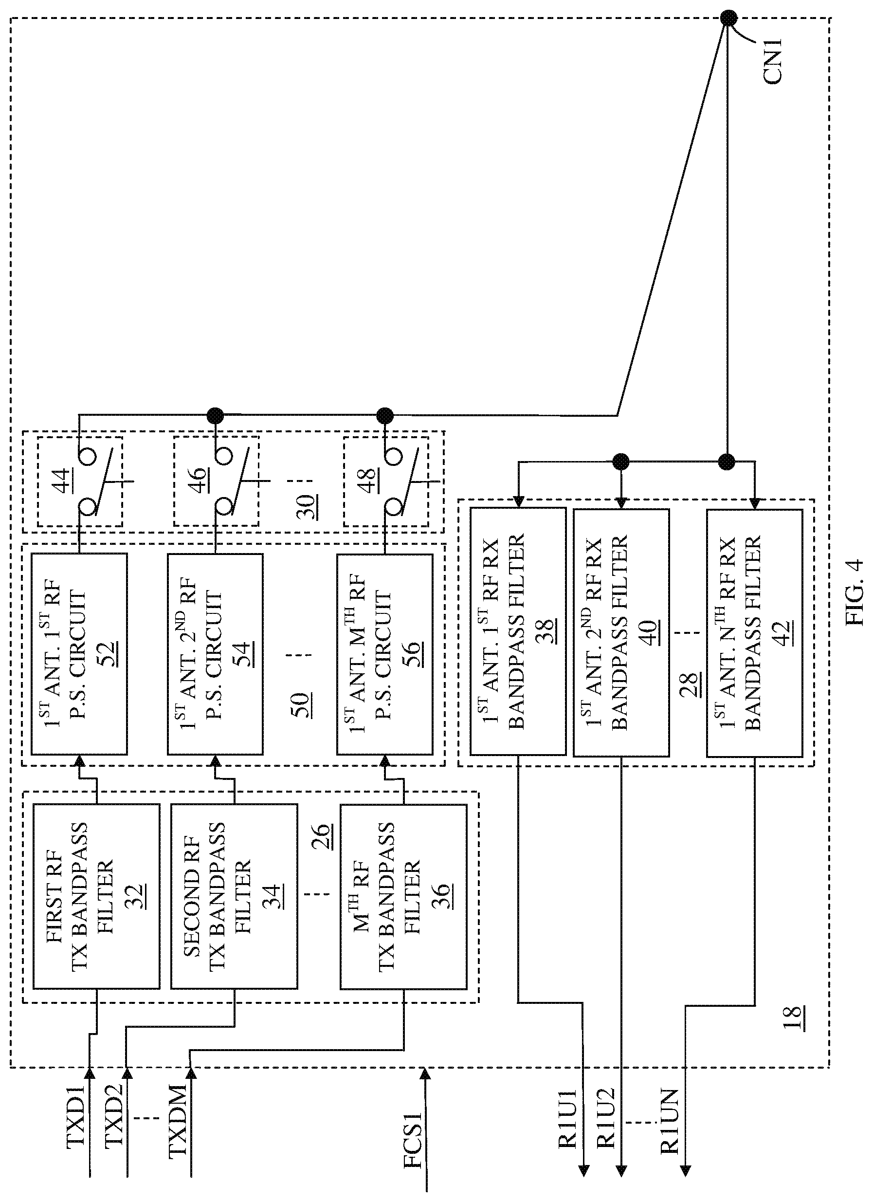 Patent US12107619 Figure 4 – Switchable RF transmit/receive multiplexer