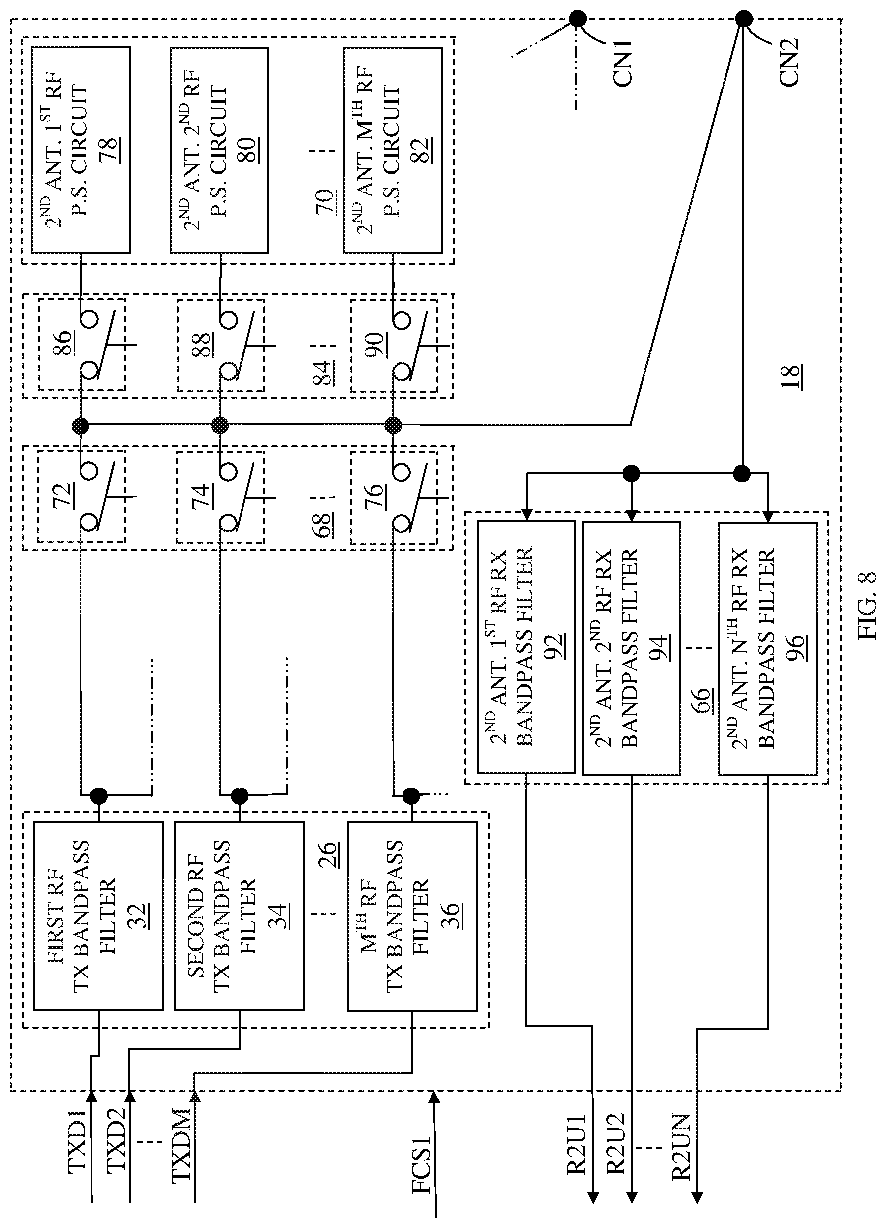 Patent US12107619 Figure 8 – Switchable RF transmit/receive multiplexer