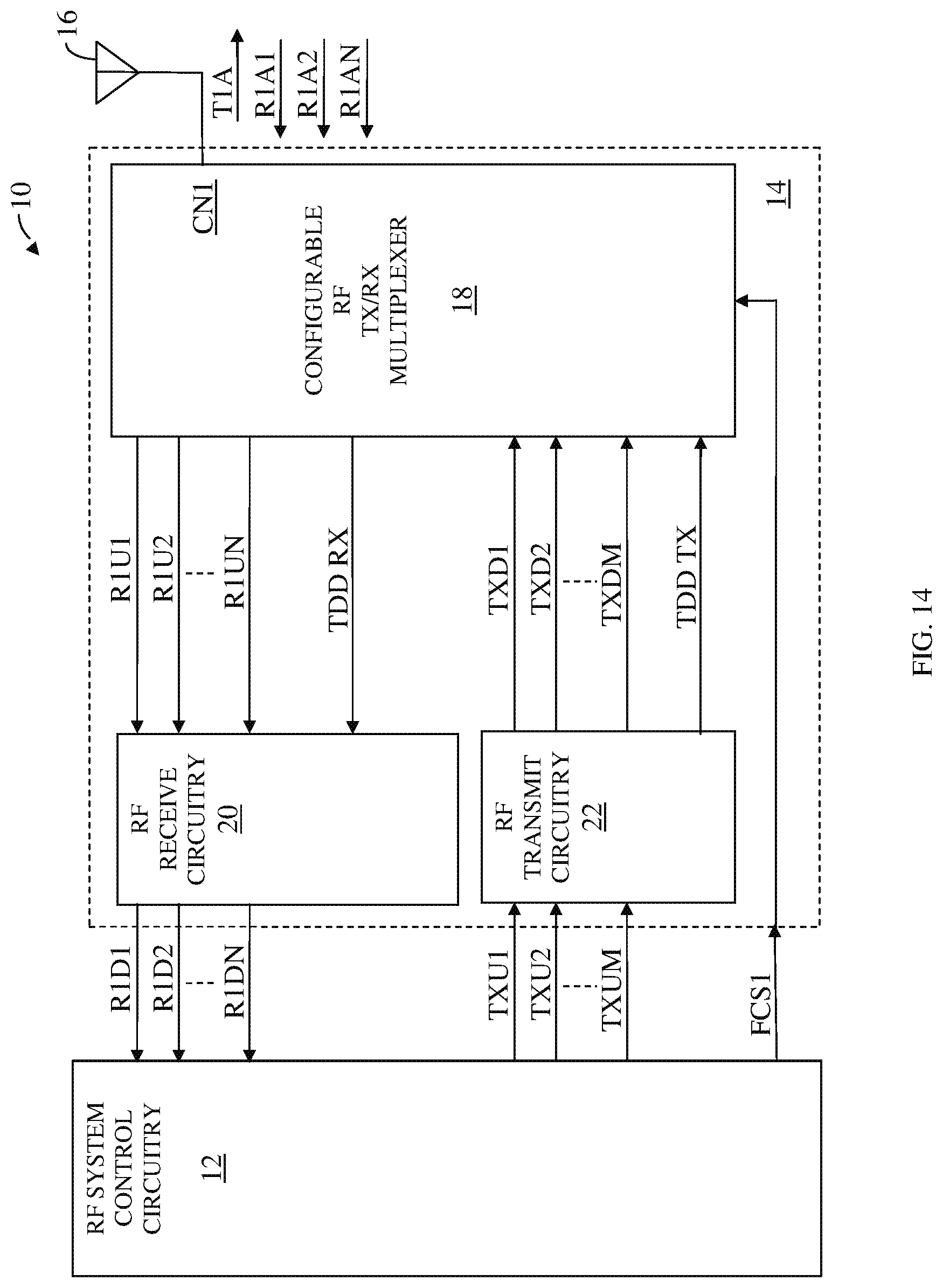Patent US12107619 Figure 14 – Switchable RF transmit/receive multiplexer