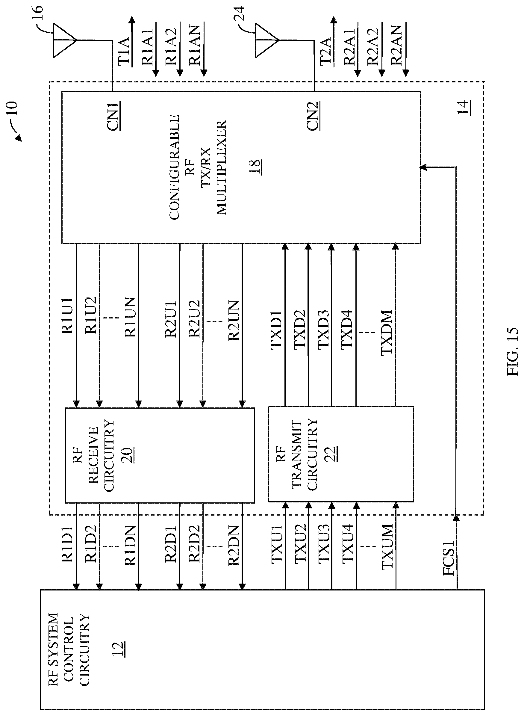 Patent US12107619 Figure 15 – Switchable RF transmit/receive multiplexer