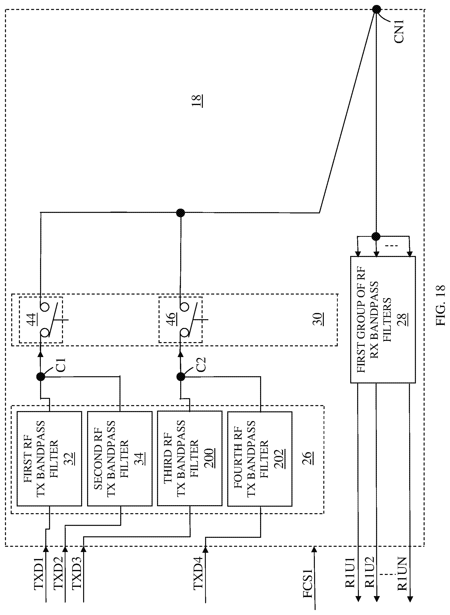 Patent US12107619 Figure 18 – Switchable RF transmit/receive multiplexer