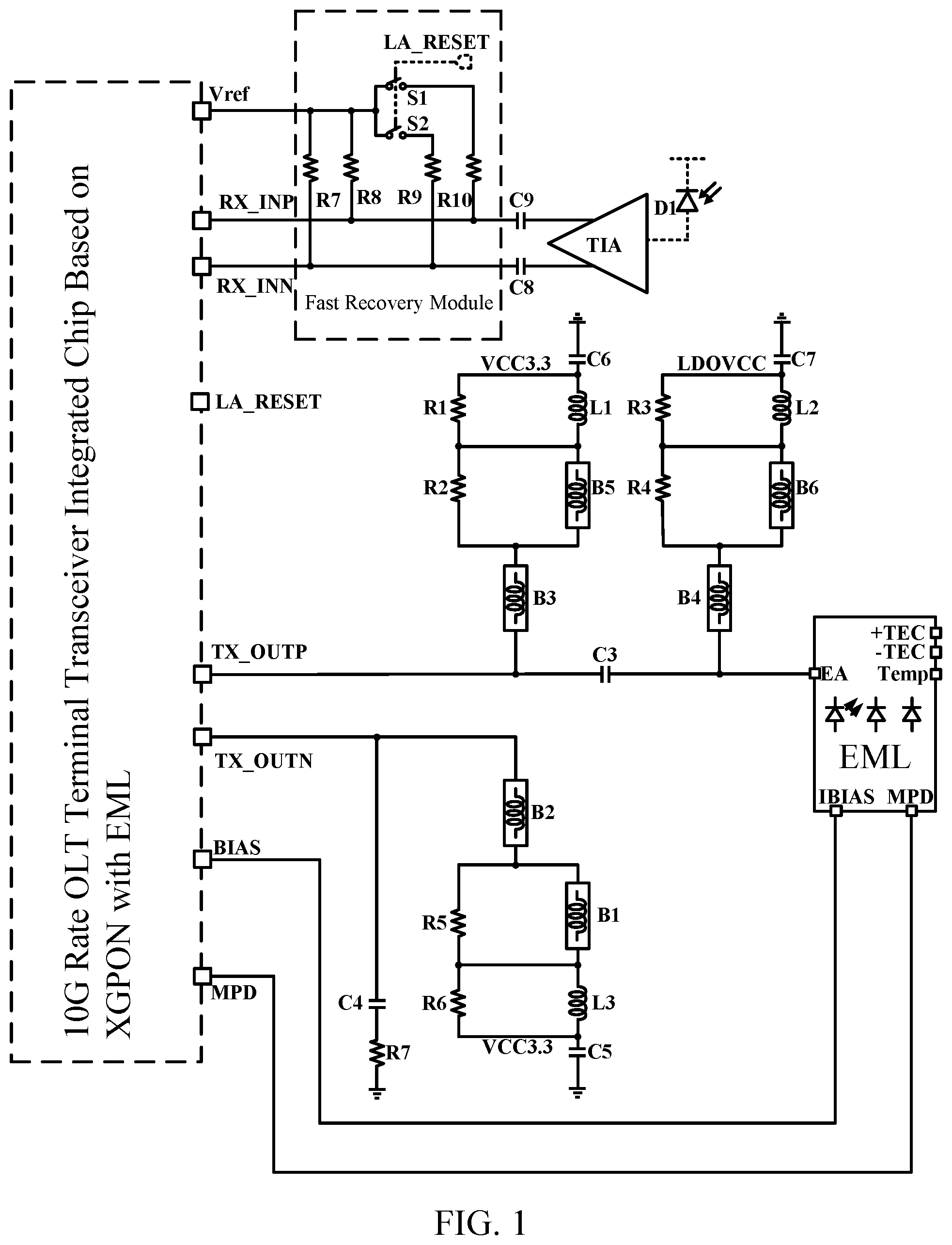 Patent US12107623 Figure 1 – 10G rate OLT terminal transceiver integrated chip based on XGPON with EML laser