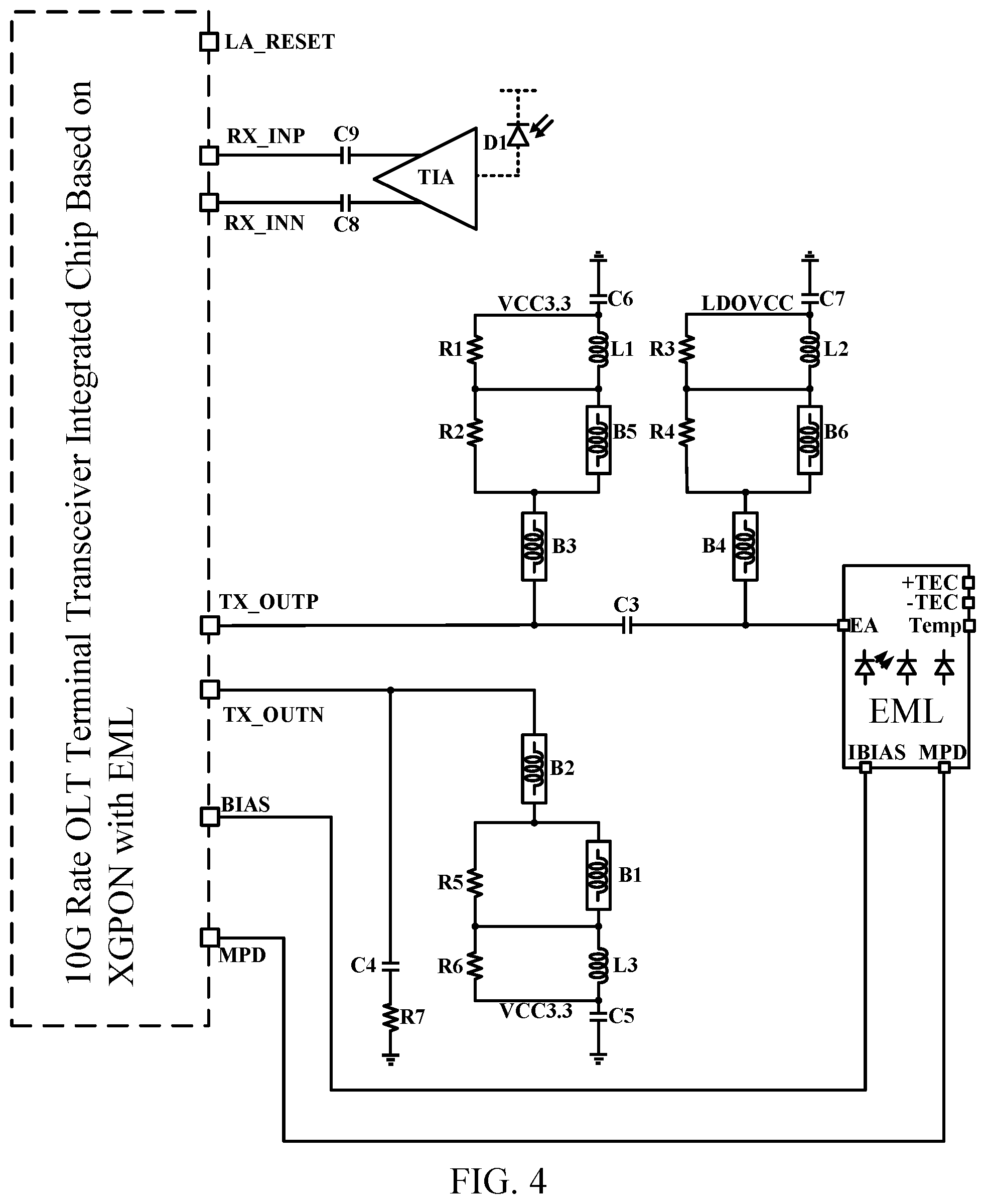 Patent US12107623 Figure 4 – 10G rate OLT terminal transceiver integrated chip based on XGPON with EML laser