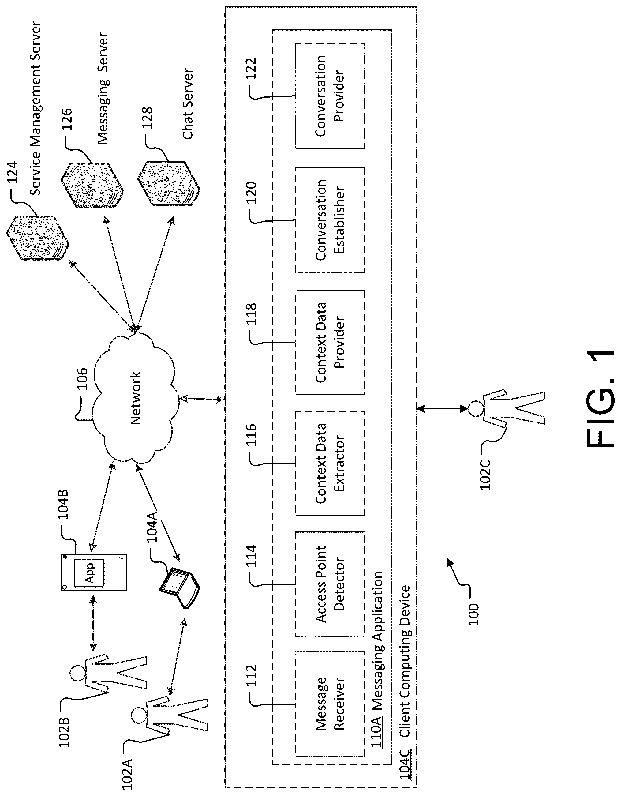 Patent US12107803 Figure 1 – Chat-enabled messaging