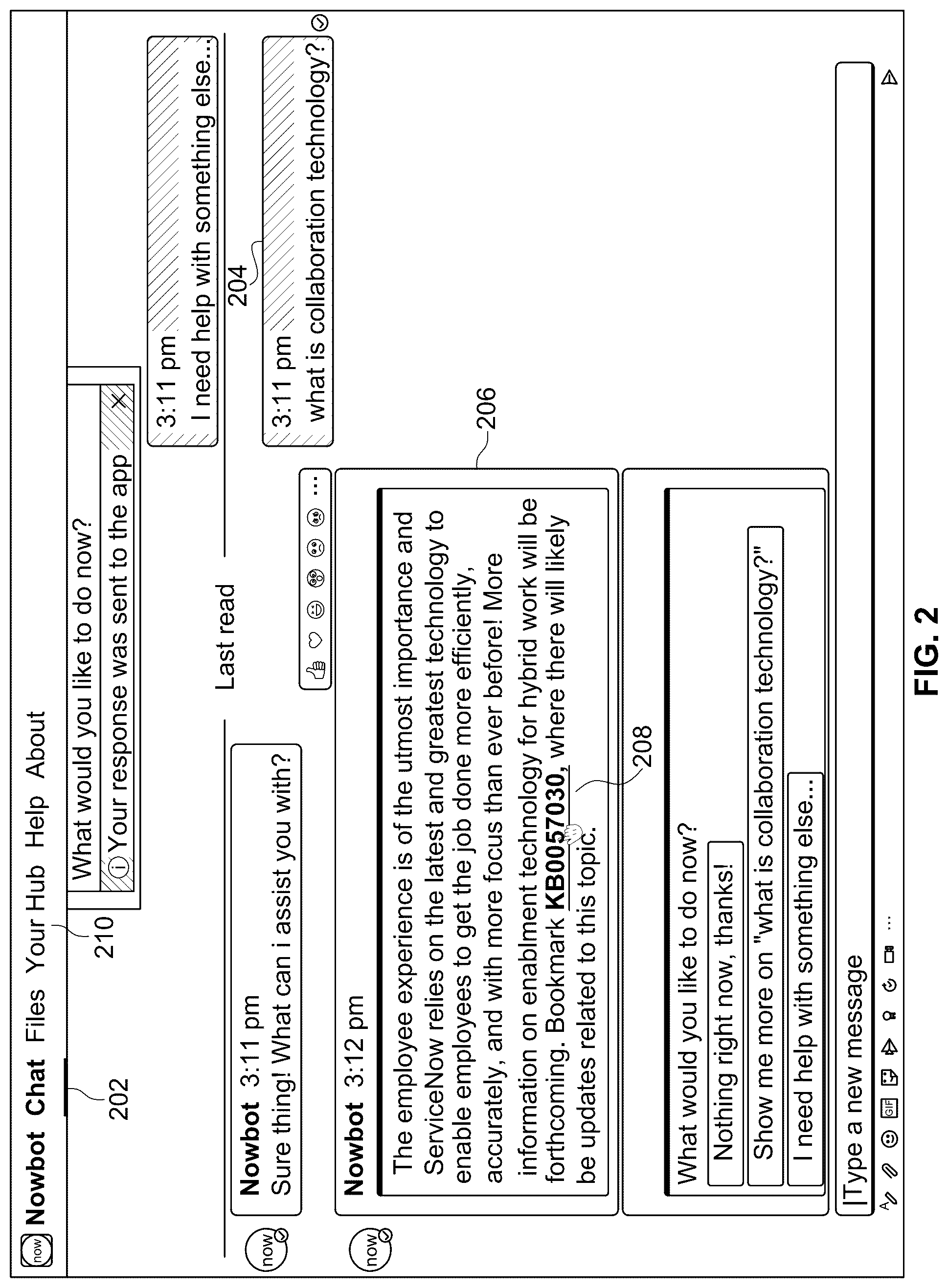 Patent US12107804 Figure 2 – Chatbot dynamic content via a separate messaging application