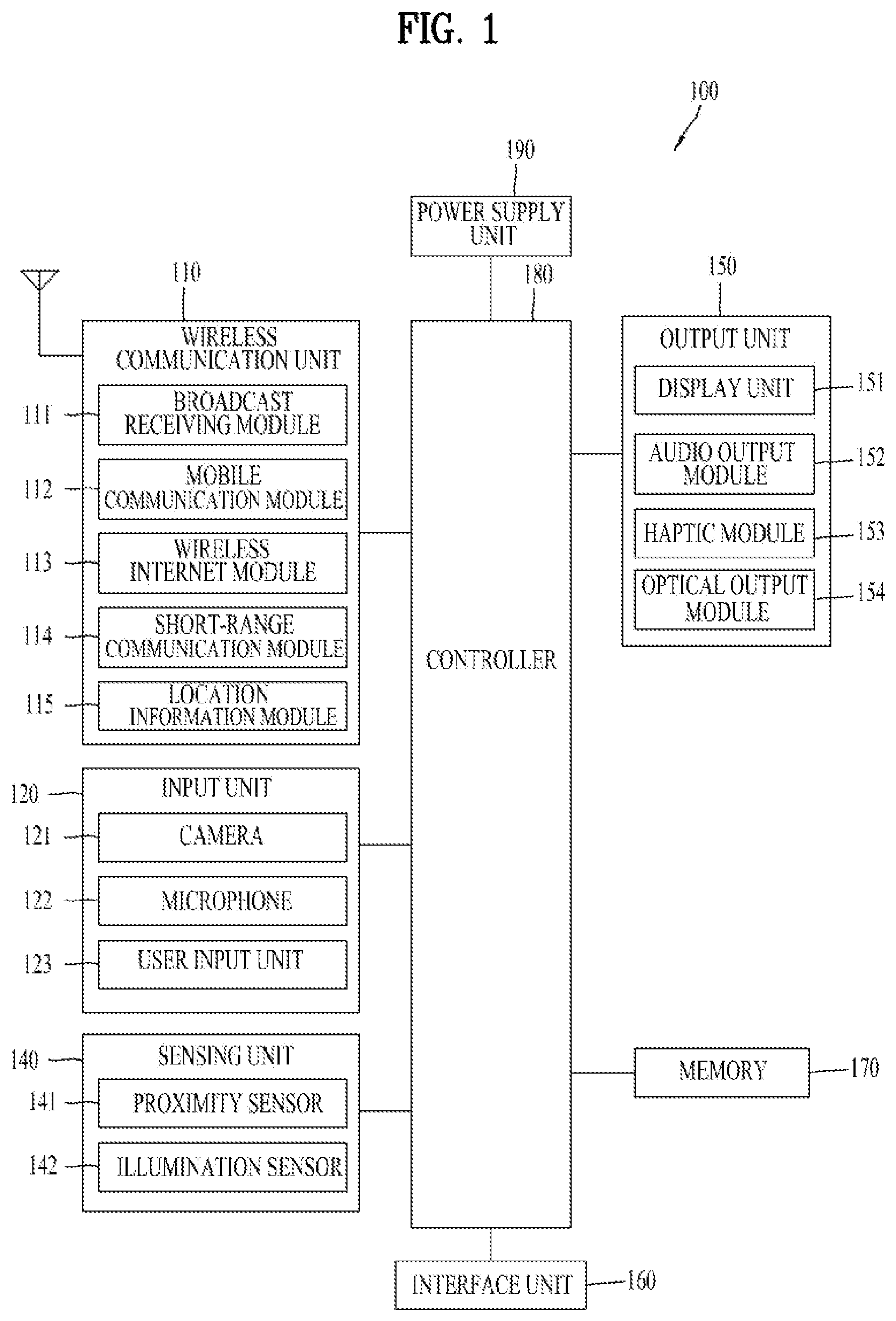 Patent US12107978 Figure 1 – Mobile terminal including frames and optical tracking sensor