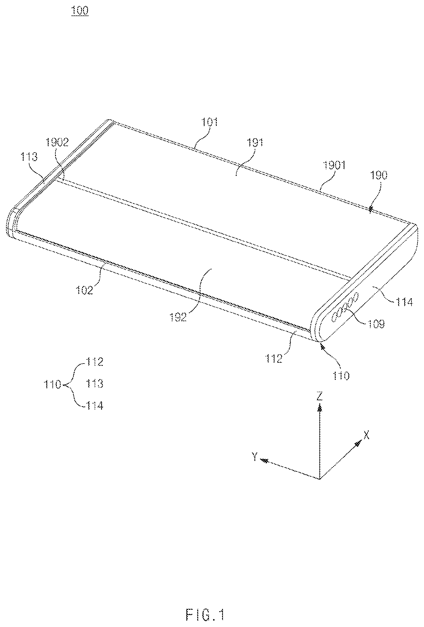 Patent US12107979 Figure 1 – Electronic device capable of folding motion and sliding motion