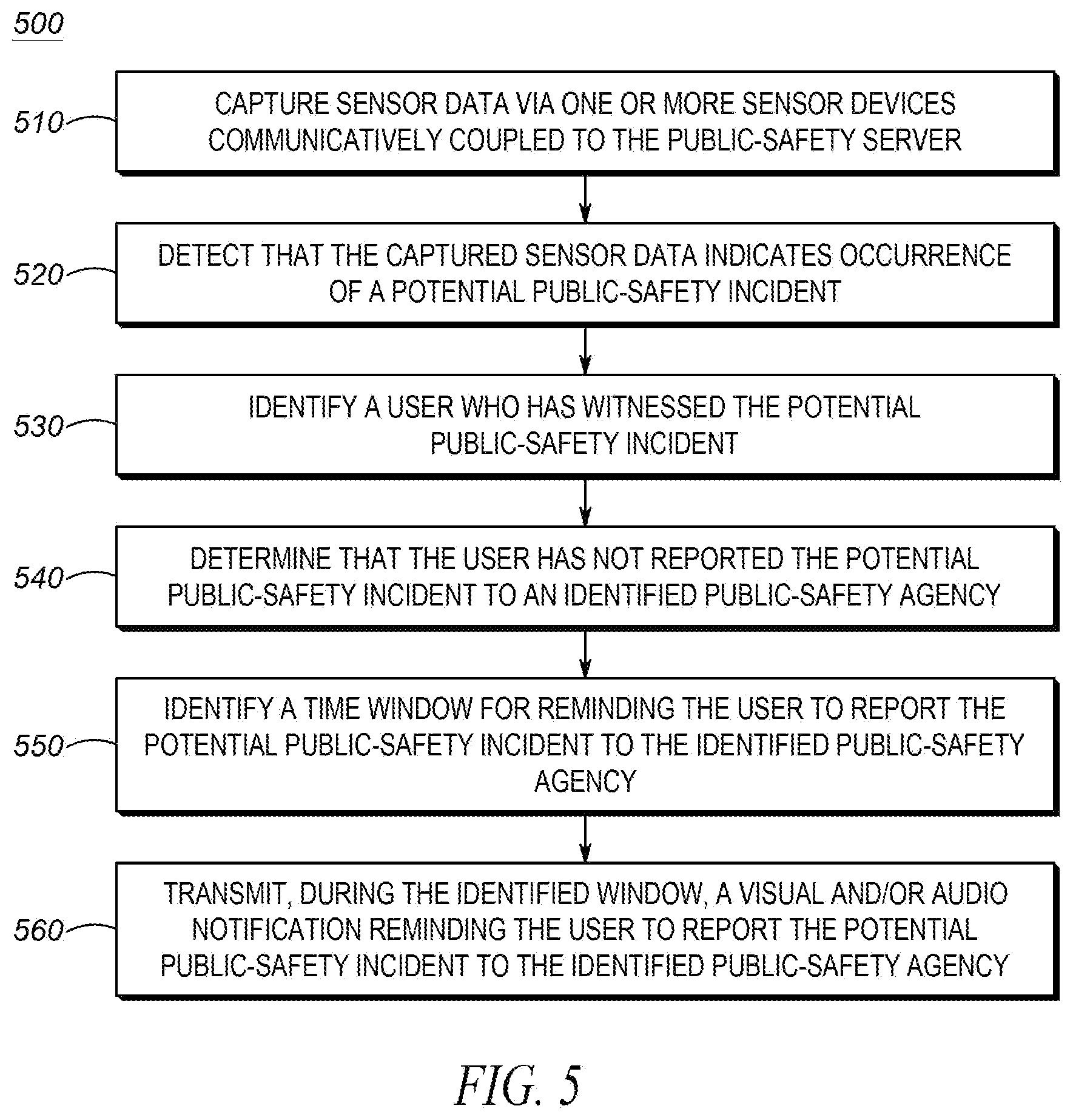 Patent US12107994 Figure 5 – Method and device for prompting a user to report a public-safety incident