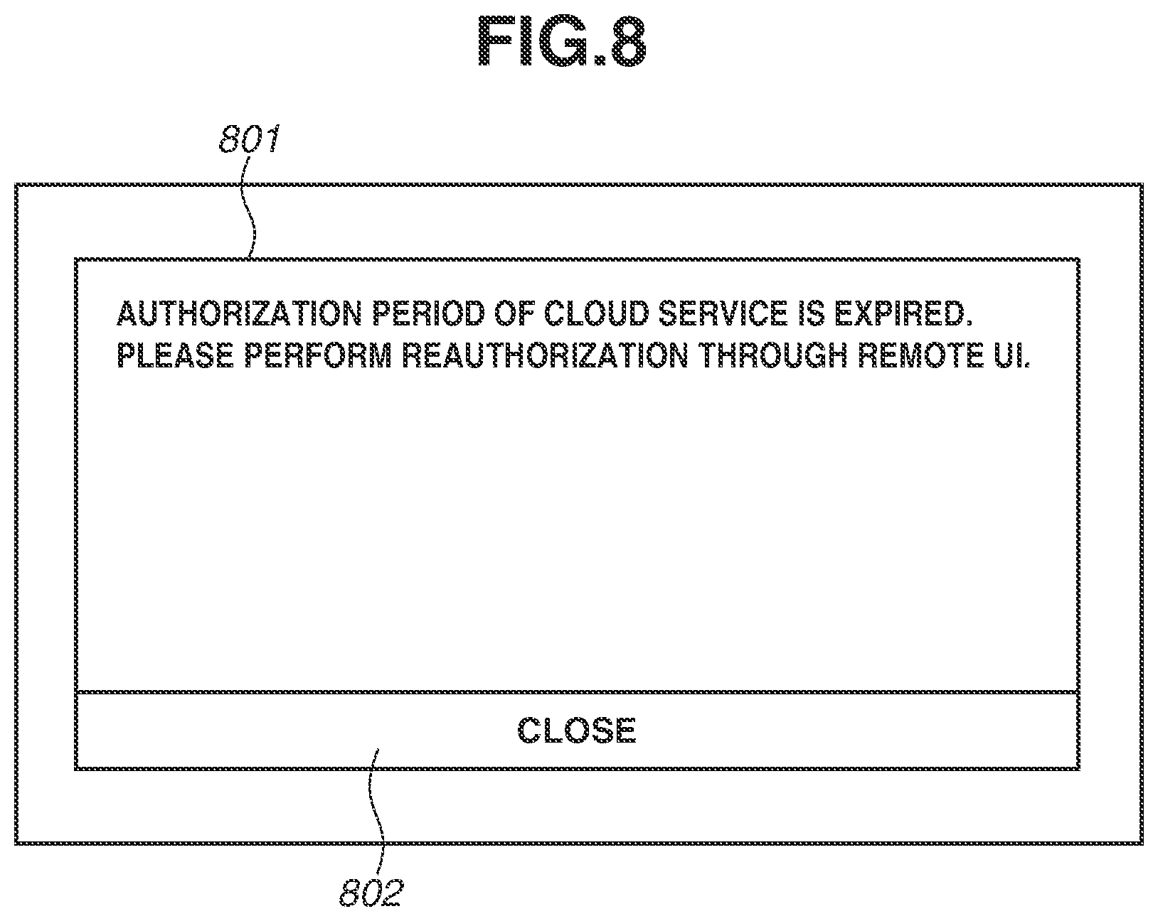 Patent US12108009 Figure 8 – Information processing system, method, an access token for accessing cloud service and a display unit to display reauthorization object to reissue the access token for performing image processing function, and image forming apparatus