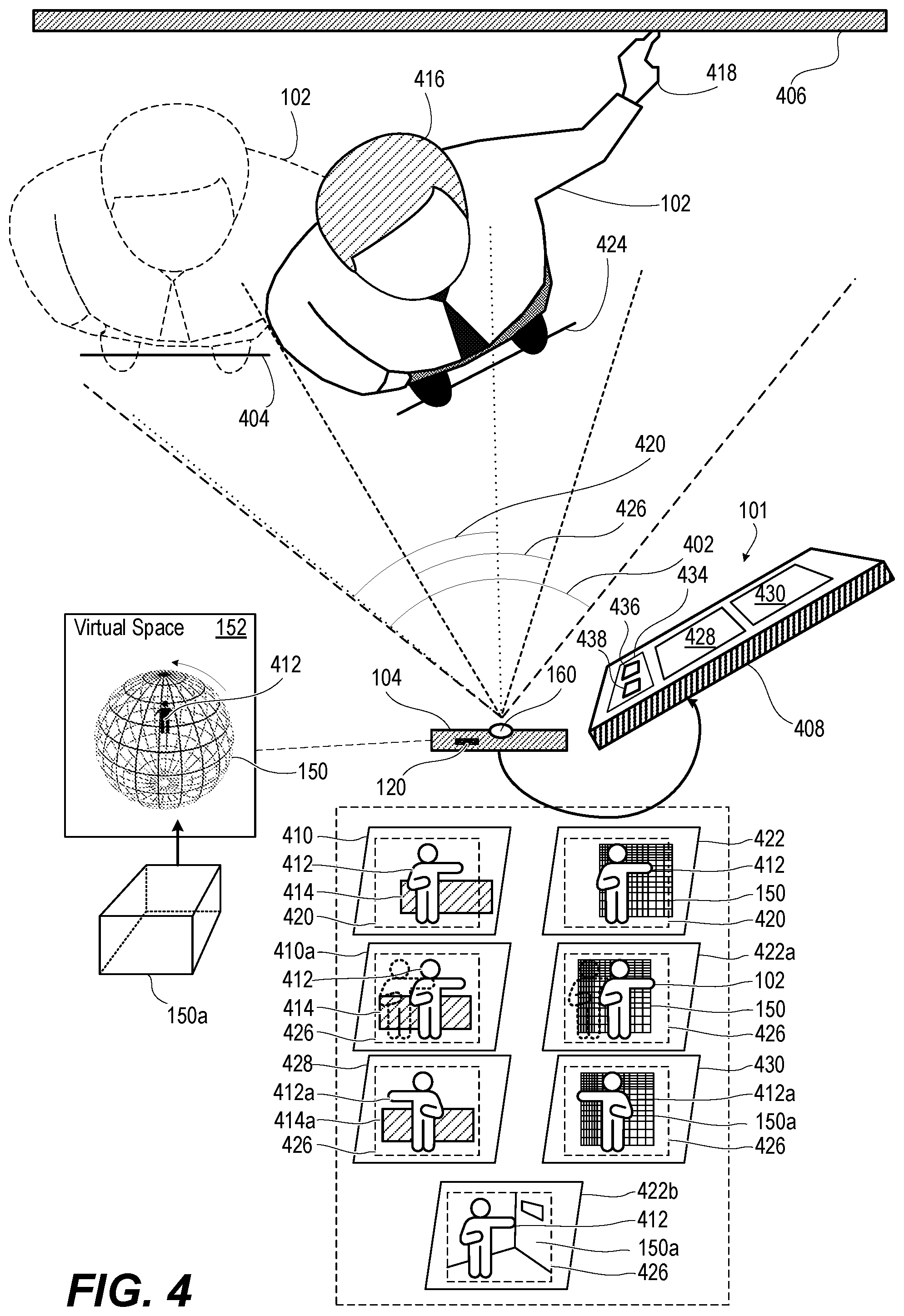 Patent US12108192 Figure 4 – Electronic system and method providing a shared virtual environment for a video call using video stitching with a rotatable spherical background