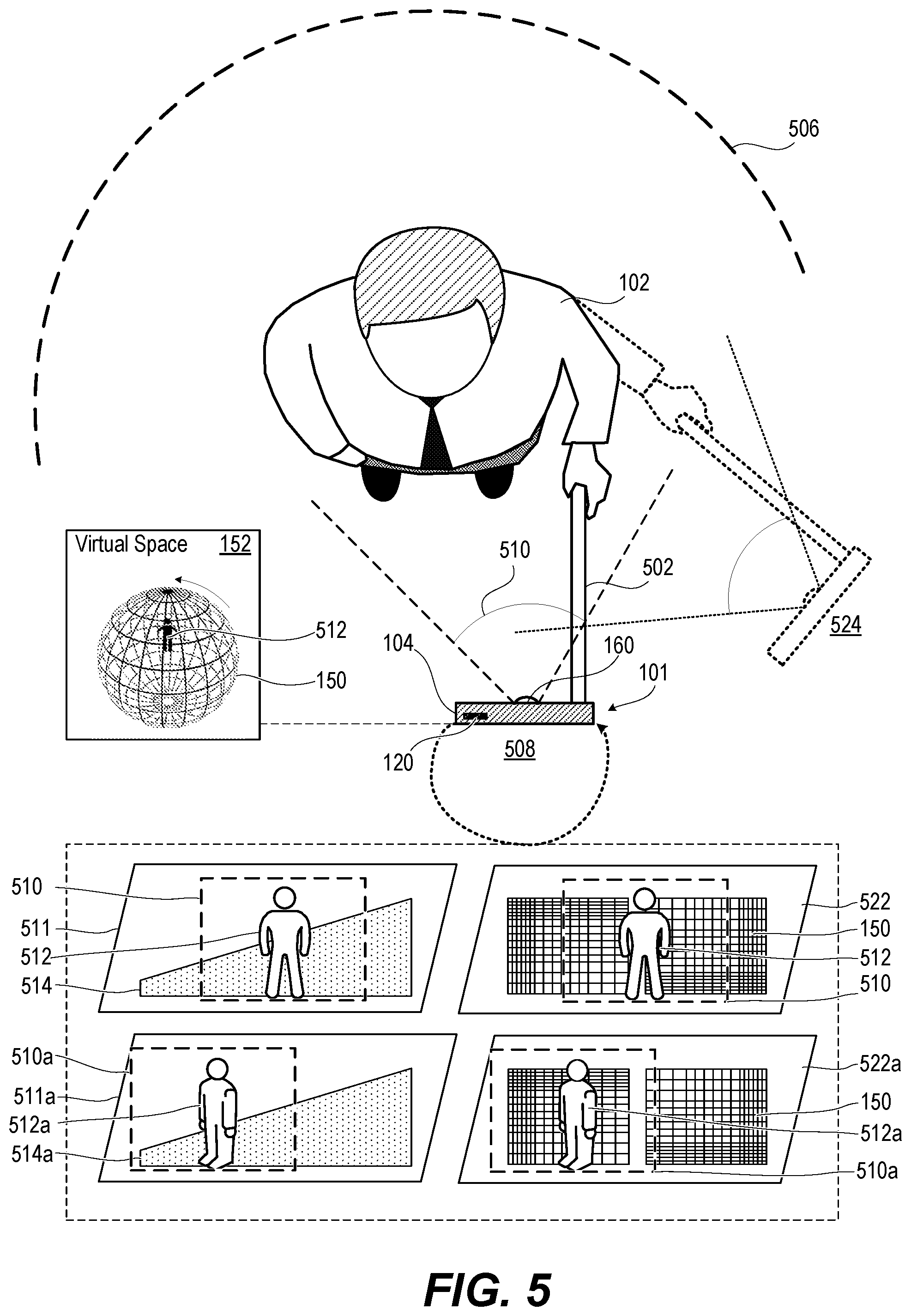 Patent US12108192 Figure 5 – Electronic system and method providing a shared virtual environment for a video call using video stitching with a rotatable spherical background