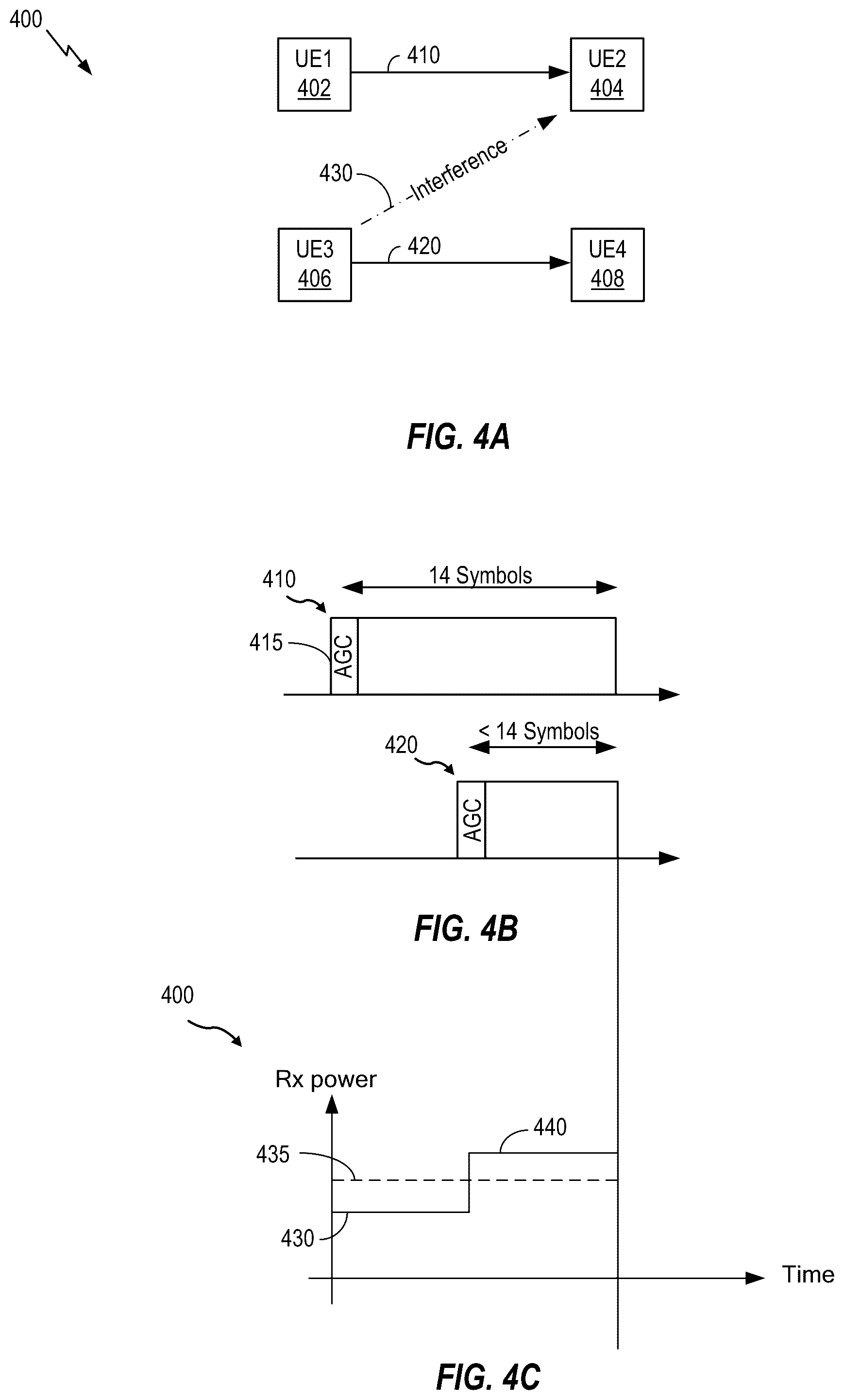 Patent US12108371 Figure 4 – Sidelink slots without symbols for automatic gain control
