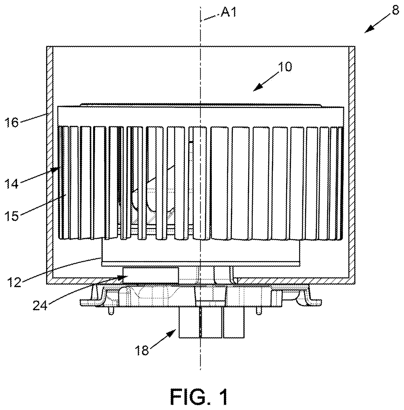 Patent US12108519 Figure 1 – Assembly of an electronic board and a heat sink, and motor-fan unit comprising such an assembly