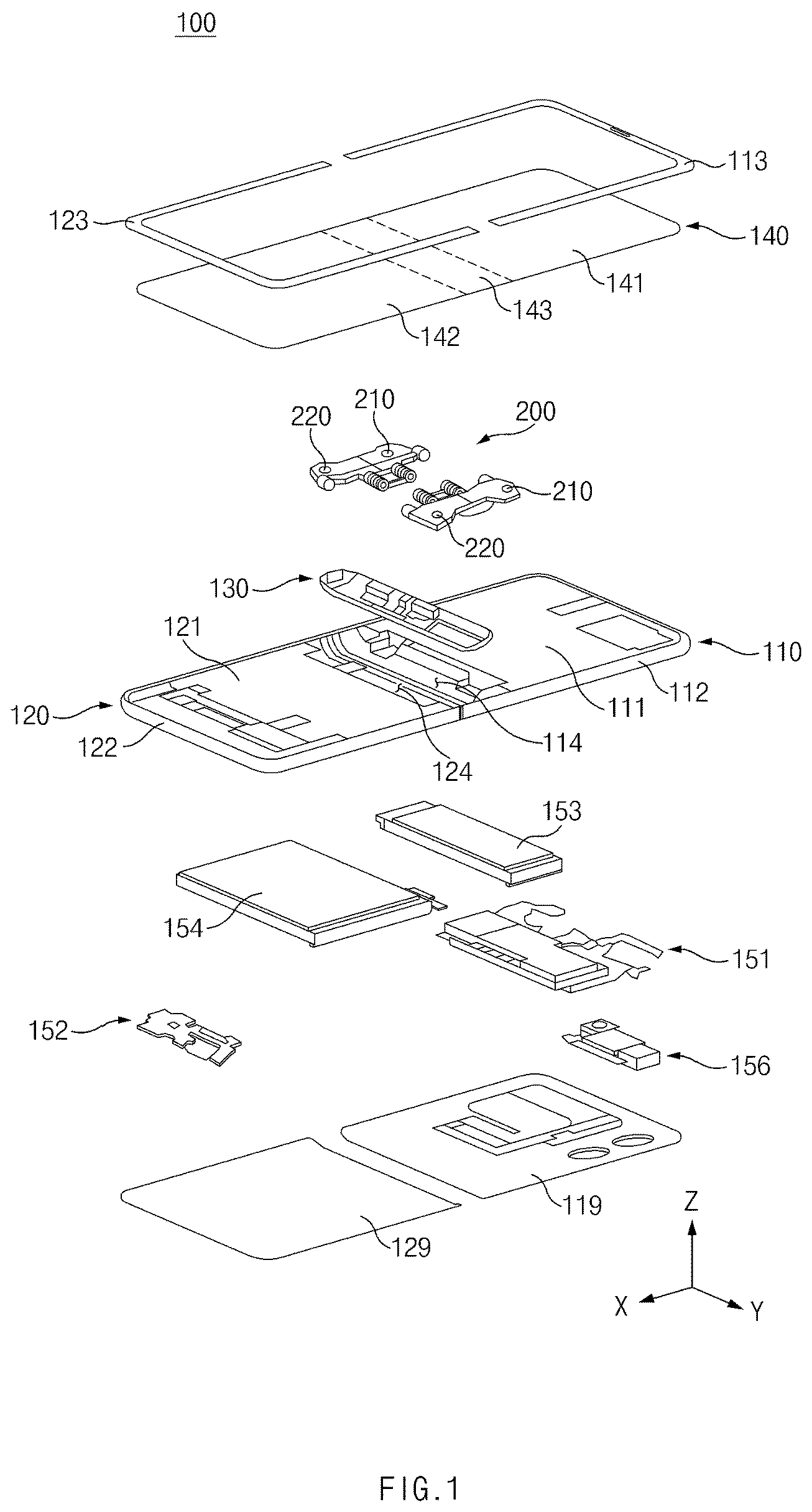 Patent US12108551 Figure 1 – Electronic device including hinge structure
