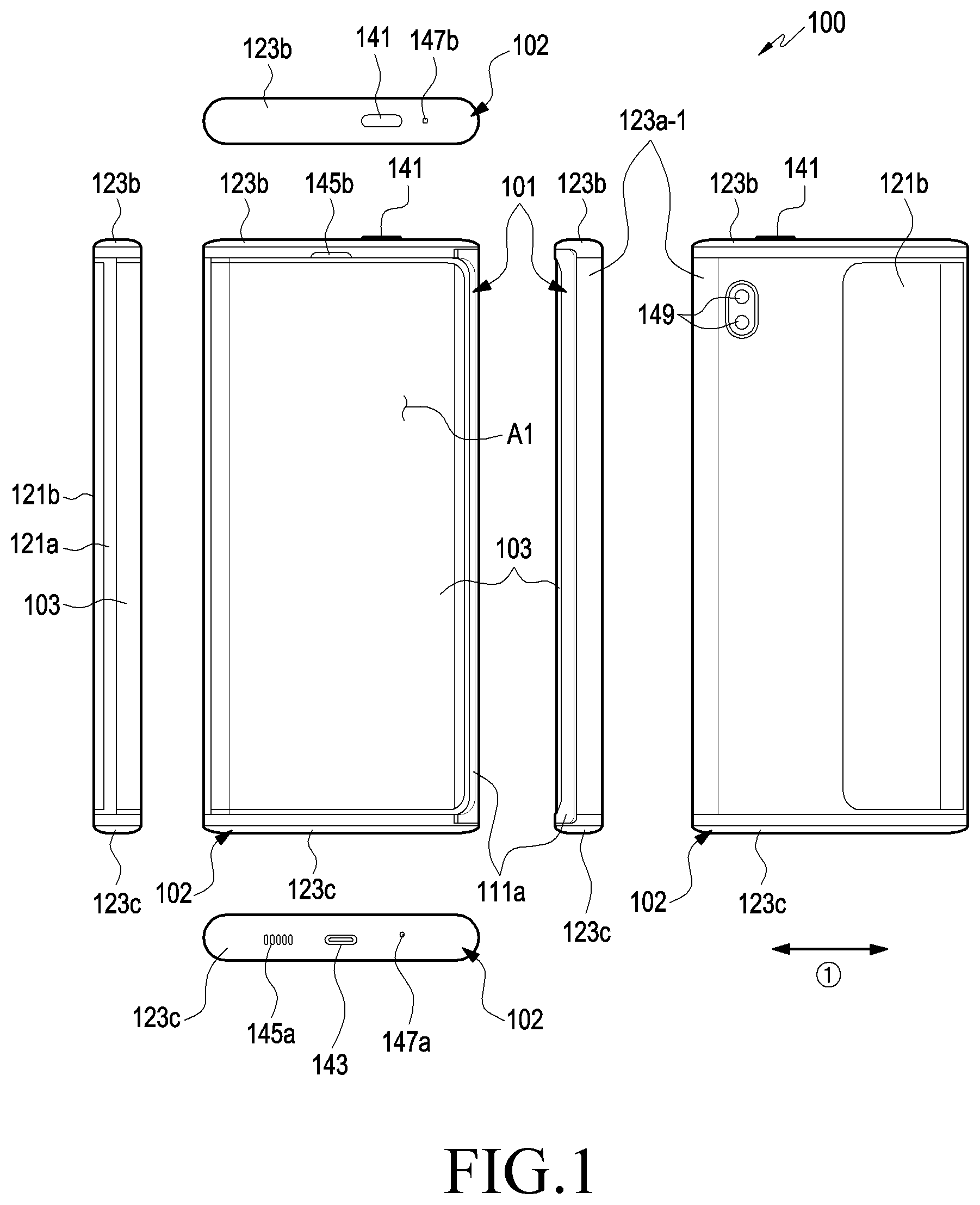 Patent US12108552 Figure 1 – Electronic device including flexible display