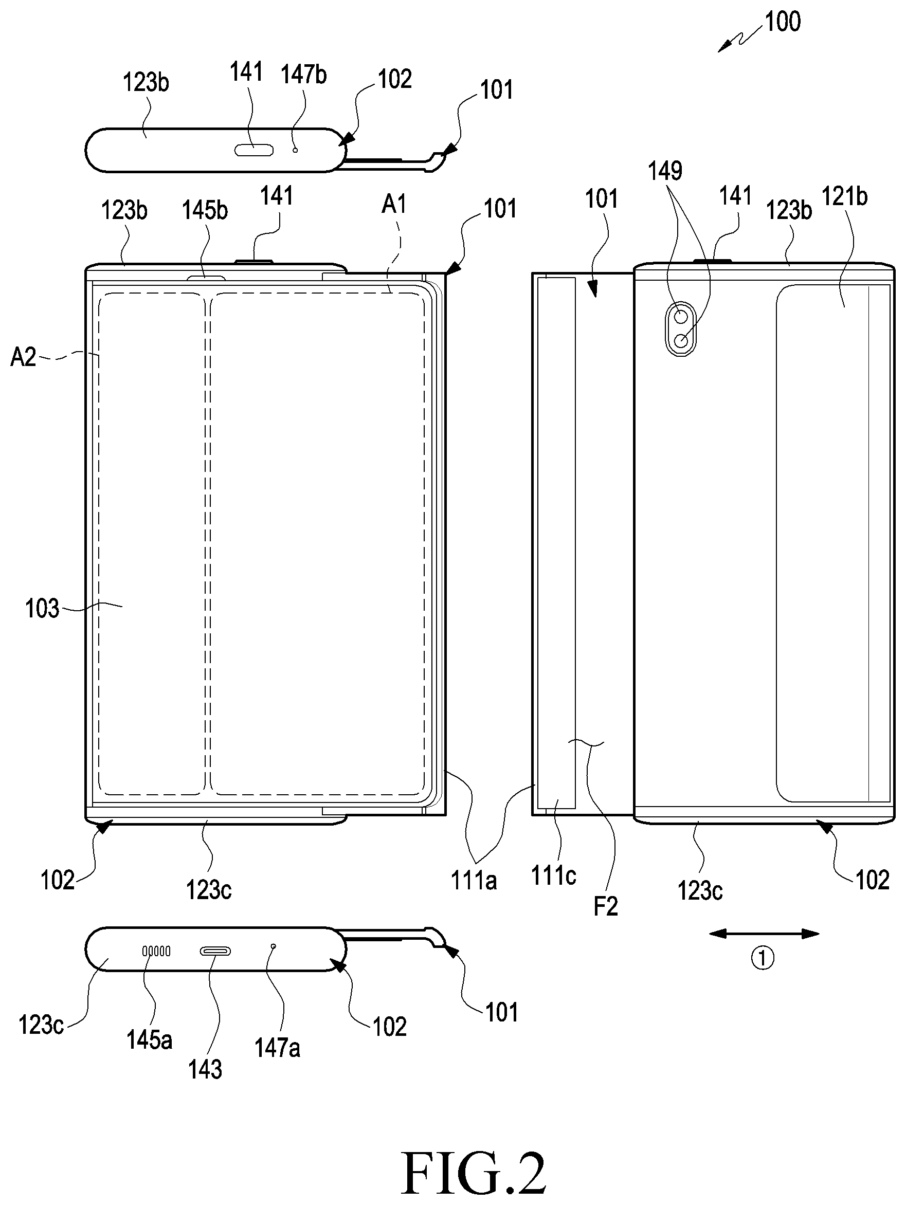 Patent US12108552 Figure 2 – Electronic device including flexible display