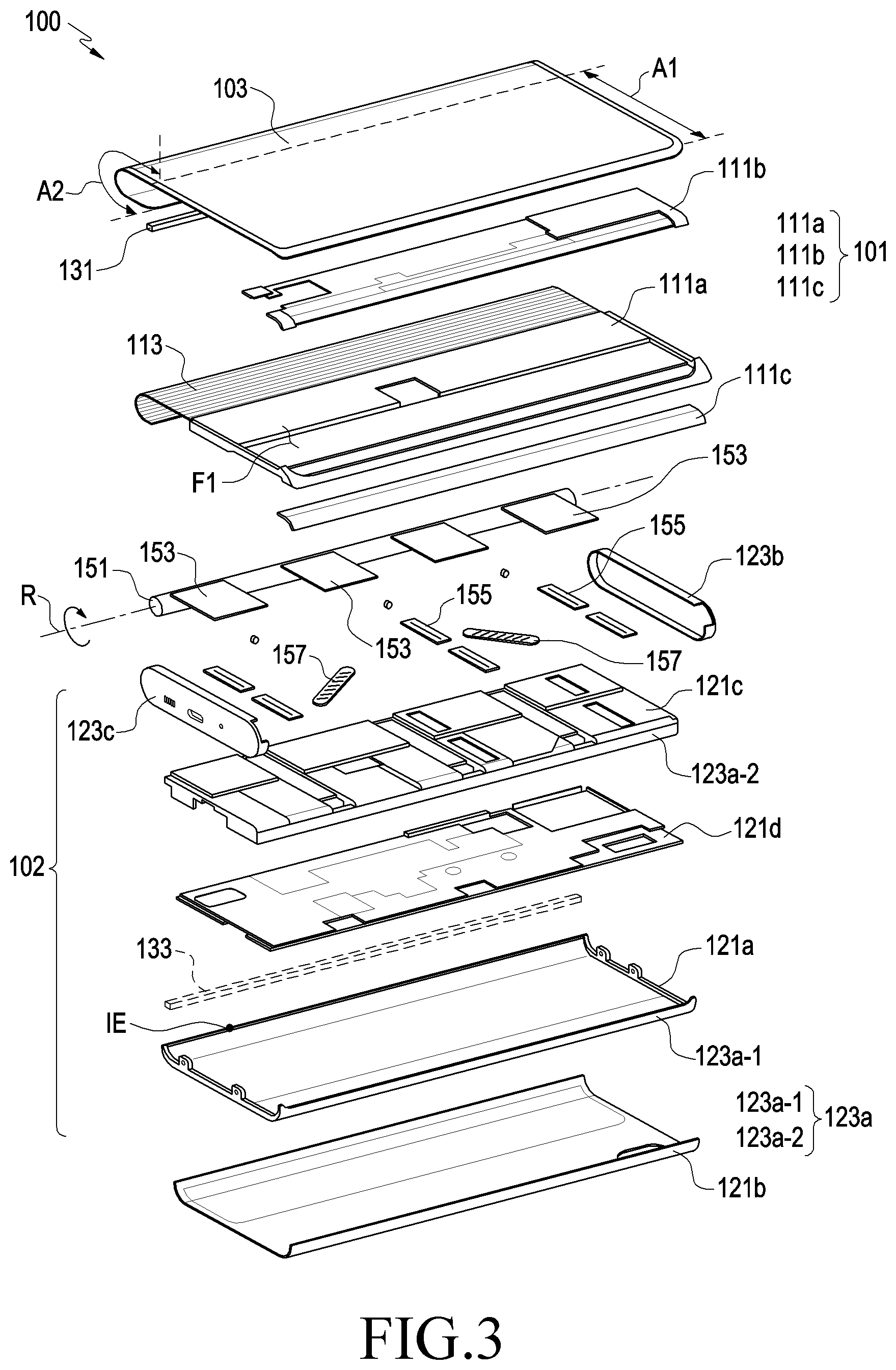 Patent US12108552 Figure 3 – Electronic device including flexible display