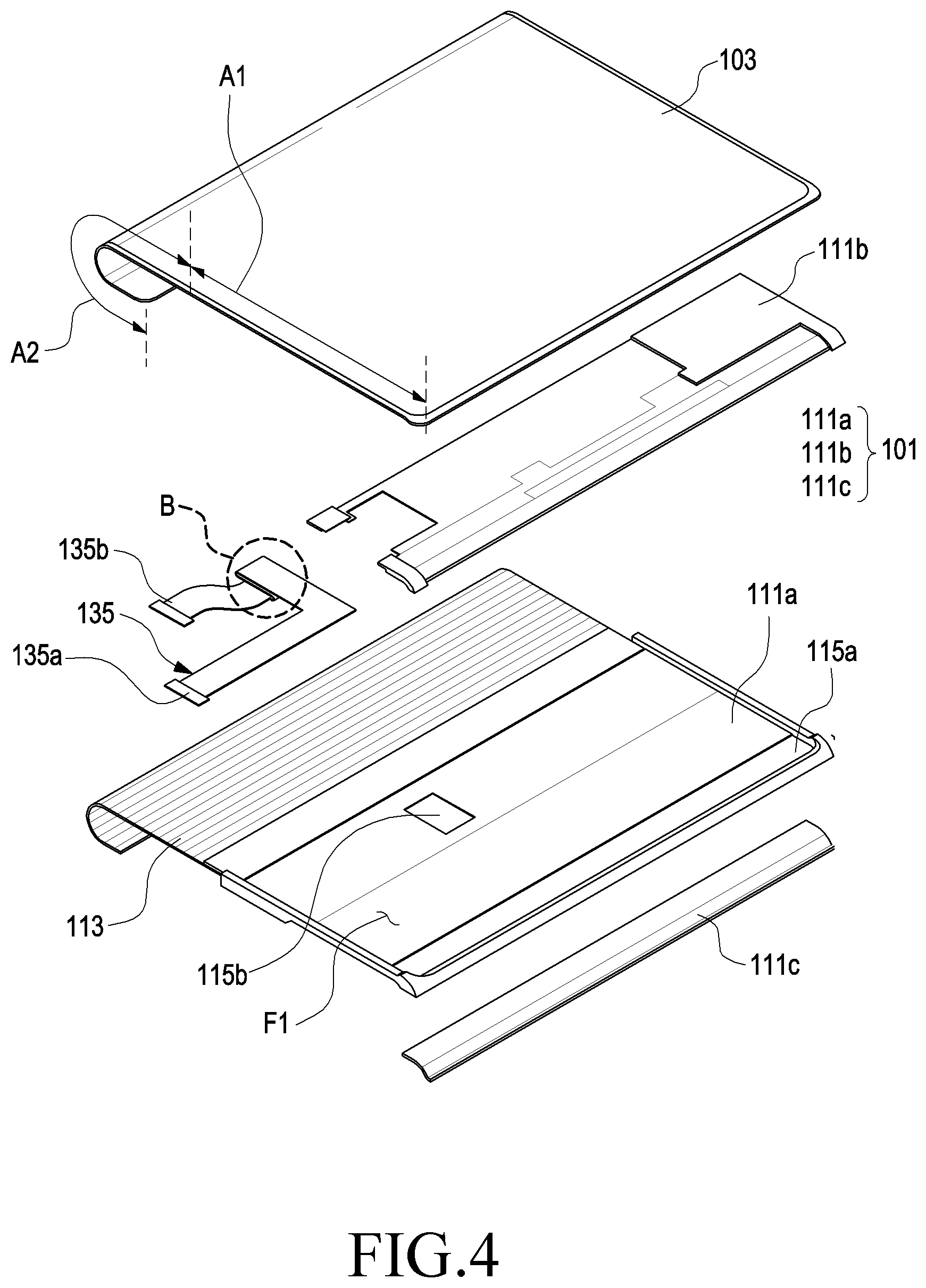 Patent US12108552 Figure 4 – Electronic device including flexible display
