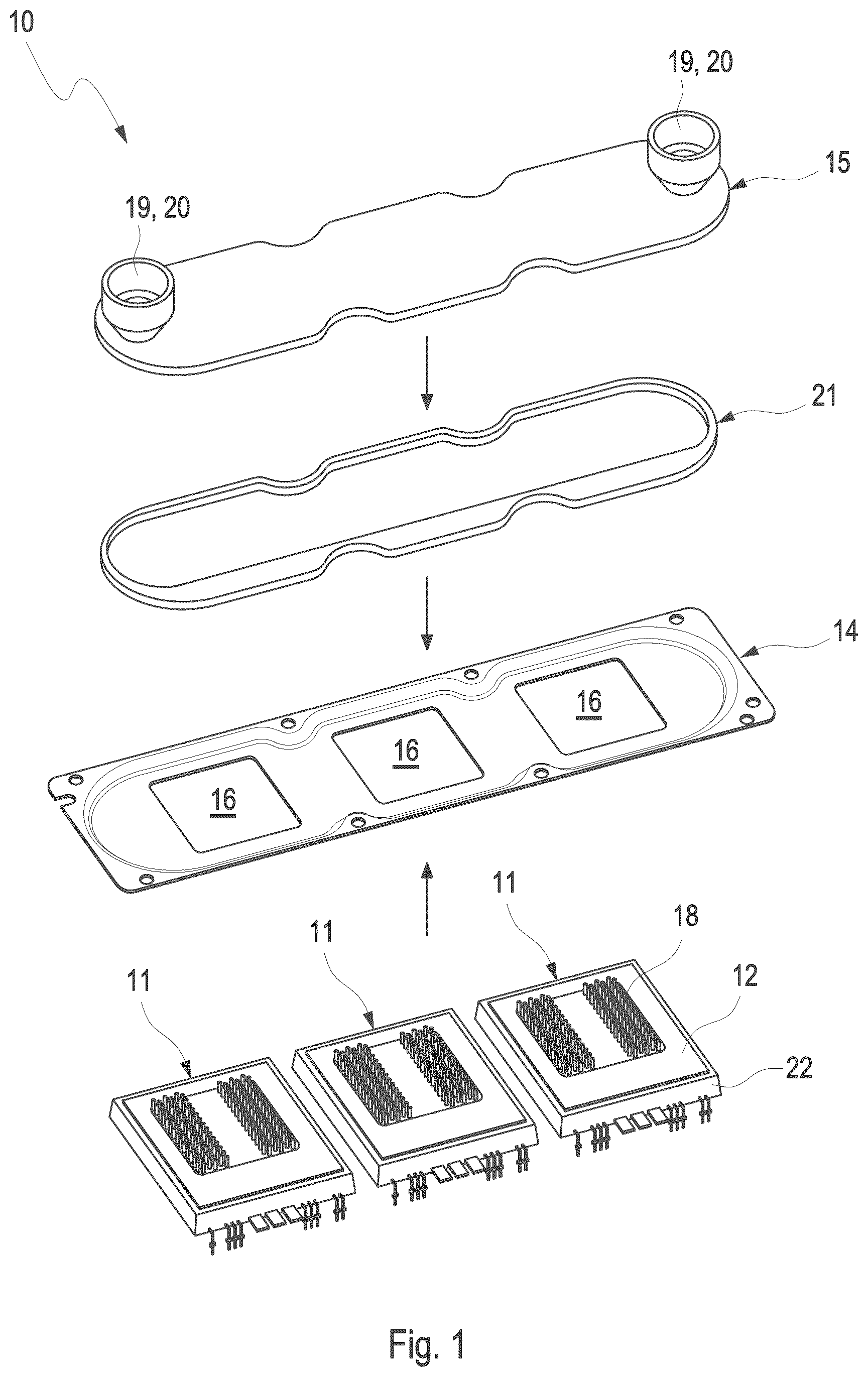 Patent US12108580 Figure 1 – Direct cooling of a power converter by using a stamped plate