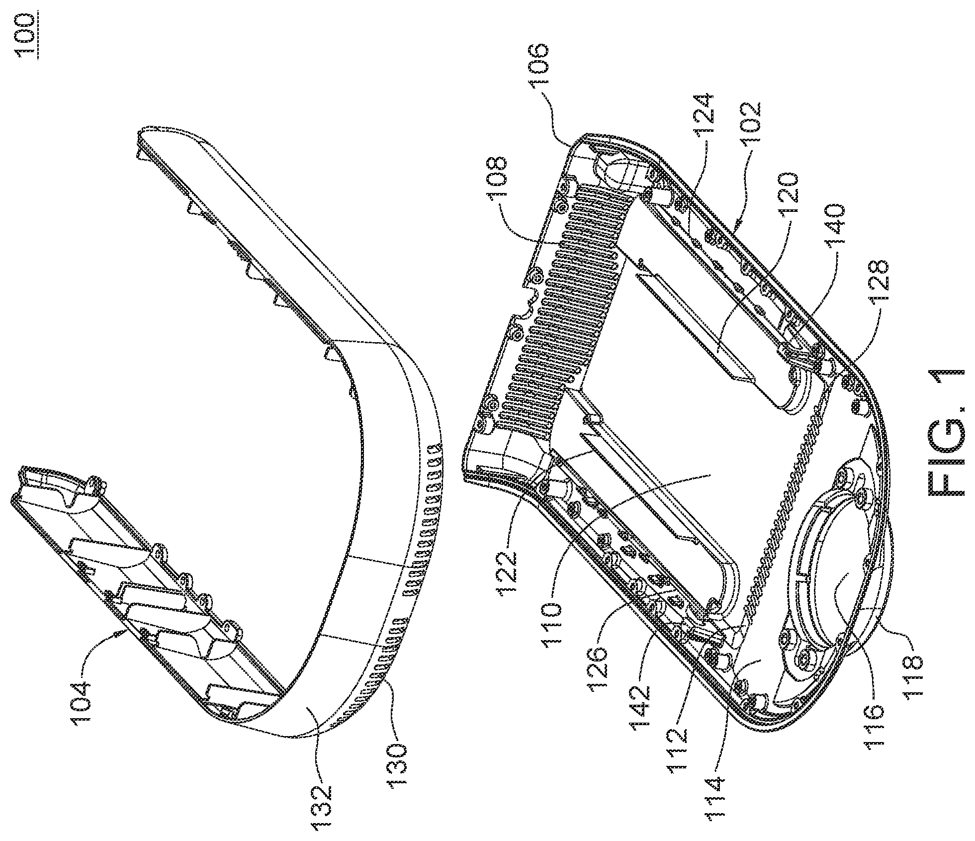 Patent US12108581 Figure 1 – Multi-chambered shield enclosure for vertically stacked module arrangement and electronic apparatus incorporating same