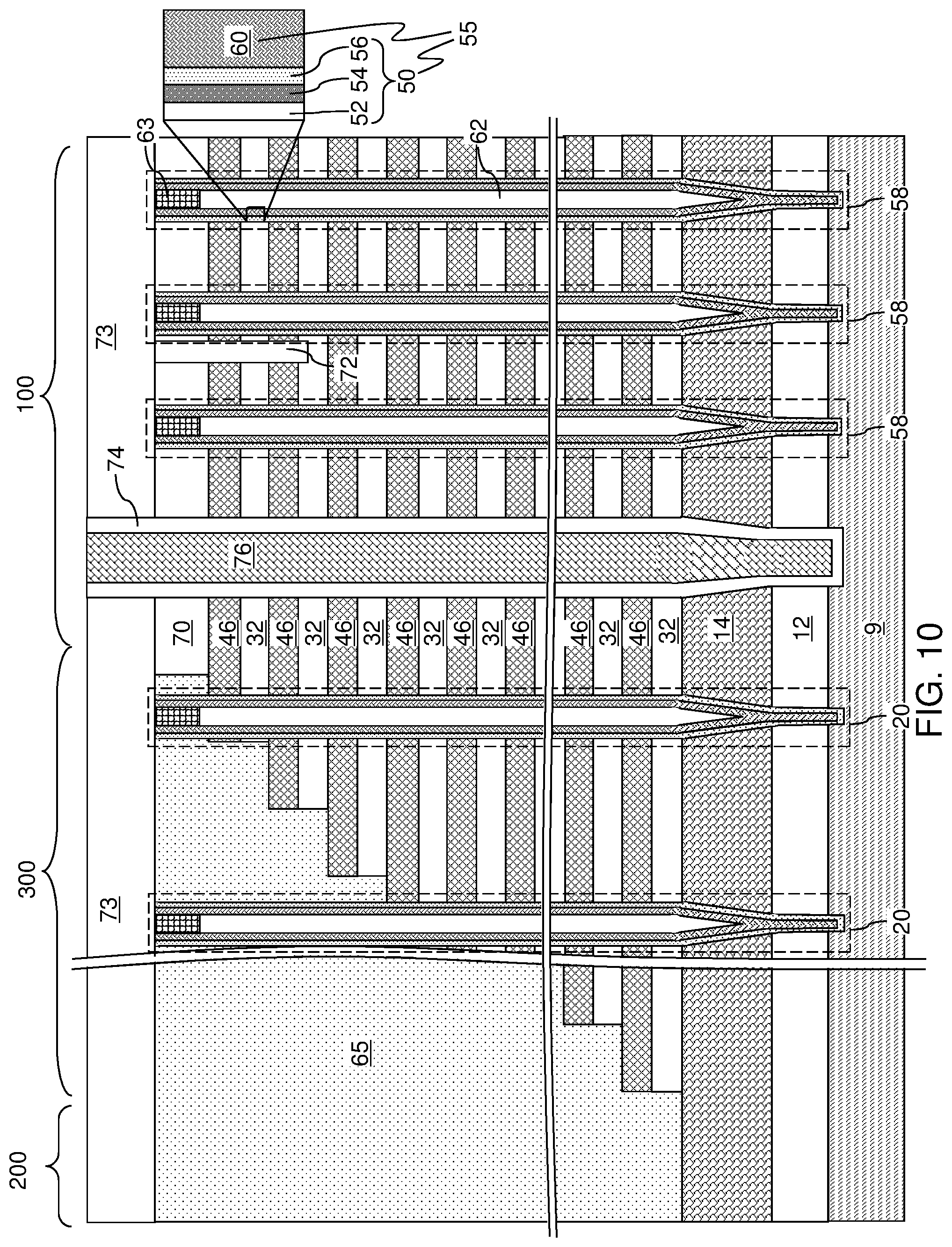 Patent US12108597 Figure 12 – Three-dimensional memory device containing a pillar contact between channel and source and methods of making the same