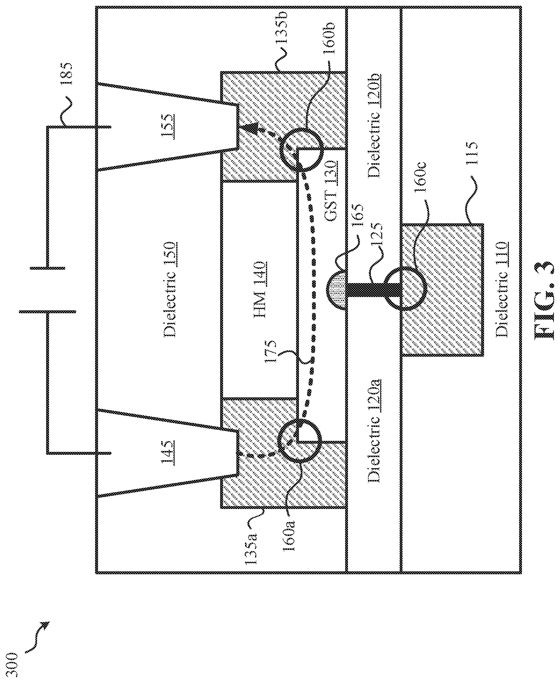 Patent US12108692 Figure 3 – Three terminal phase change memory with self-aligned contacts