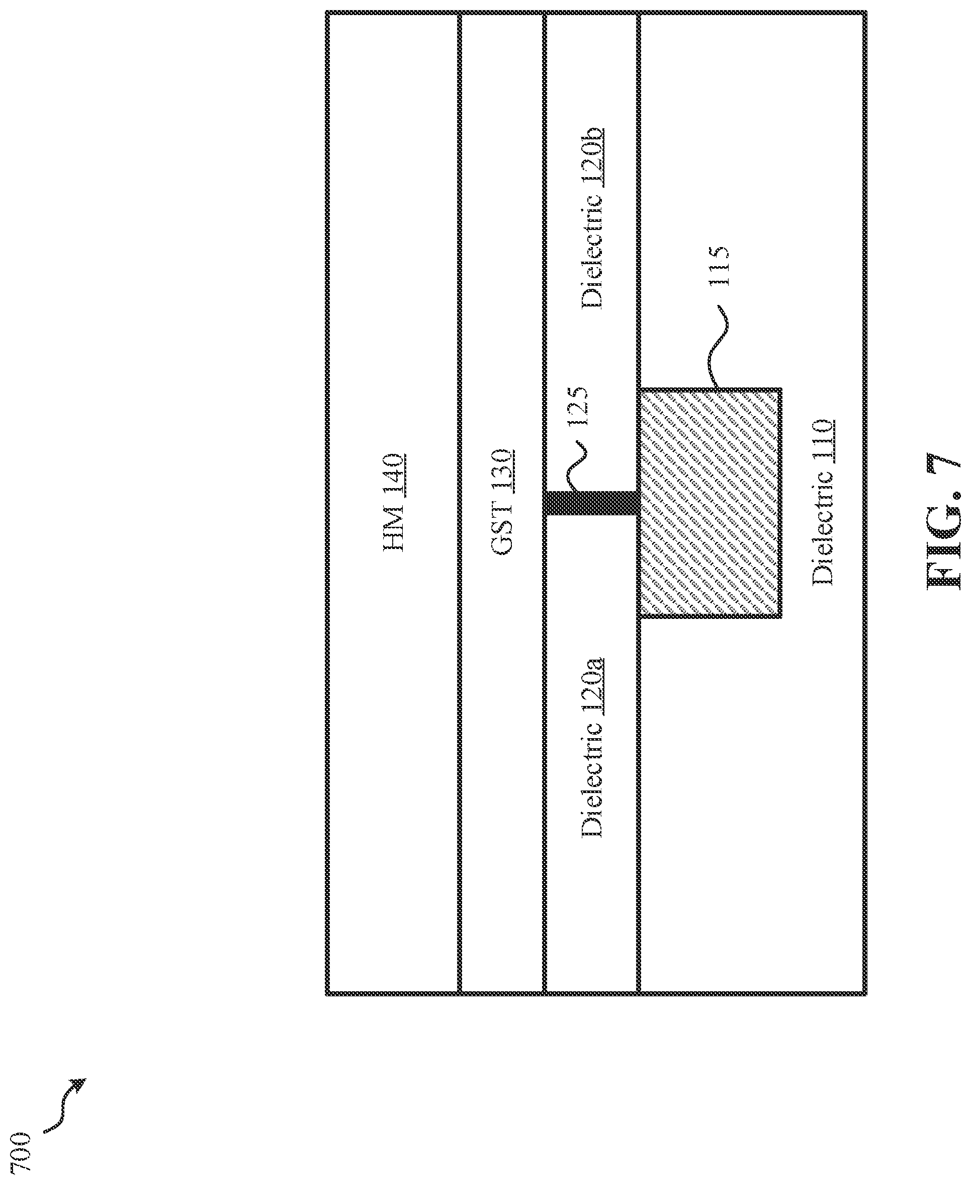 Patent US12108692 Figure 7 – Three terminal phase change memory with self-aligned contacts