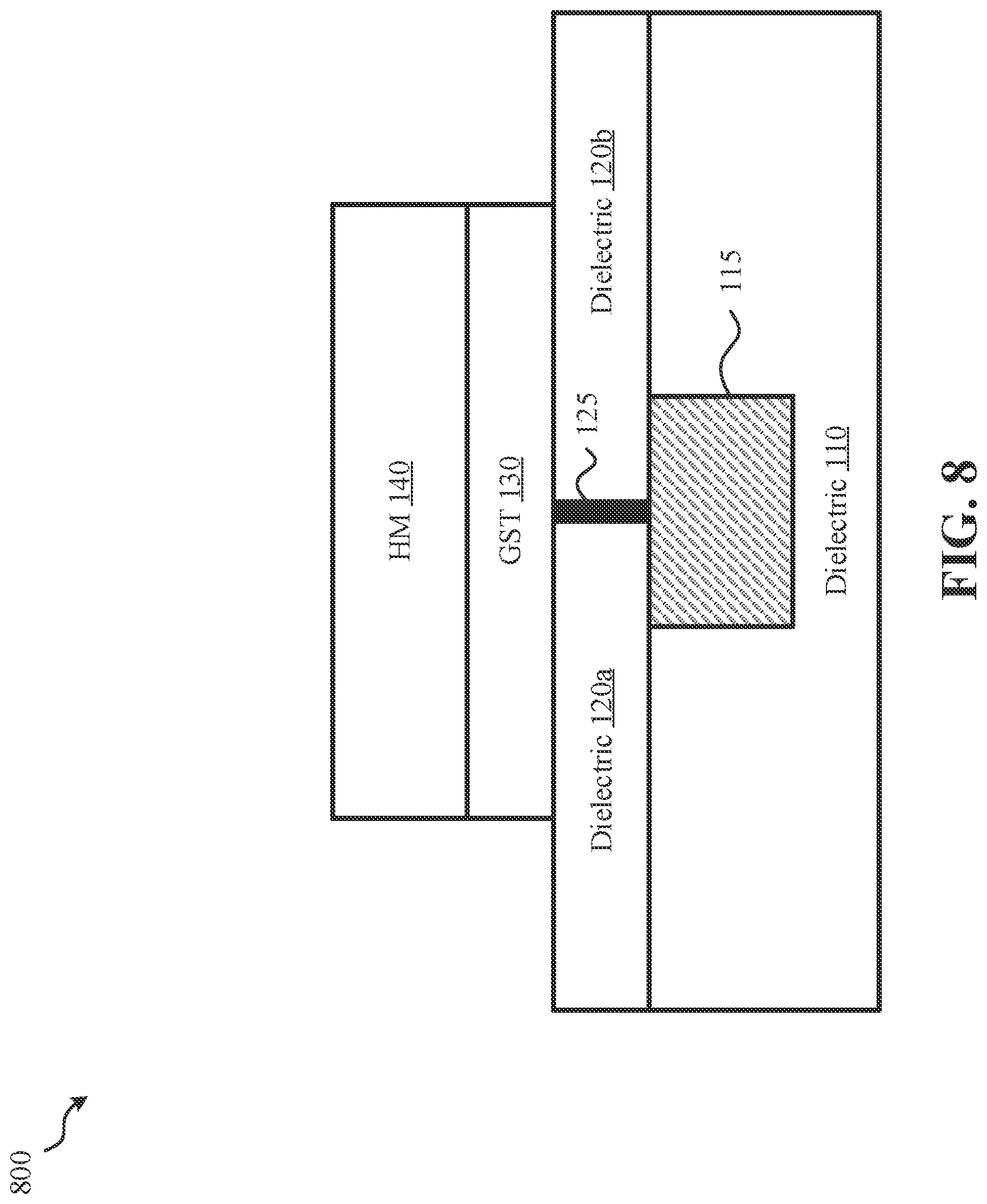 Patent US12108692 Figure 8 – Three terminal phase change memory with self-aligned contacts