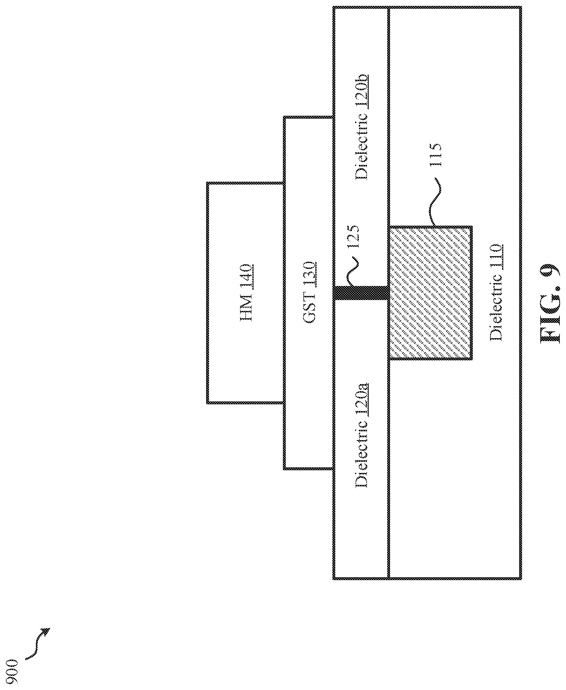 Patent US12108692 Figure 9 – Three terminal phase change memory with self-aligned contacts