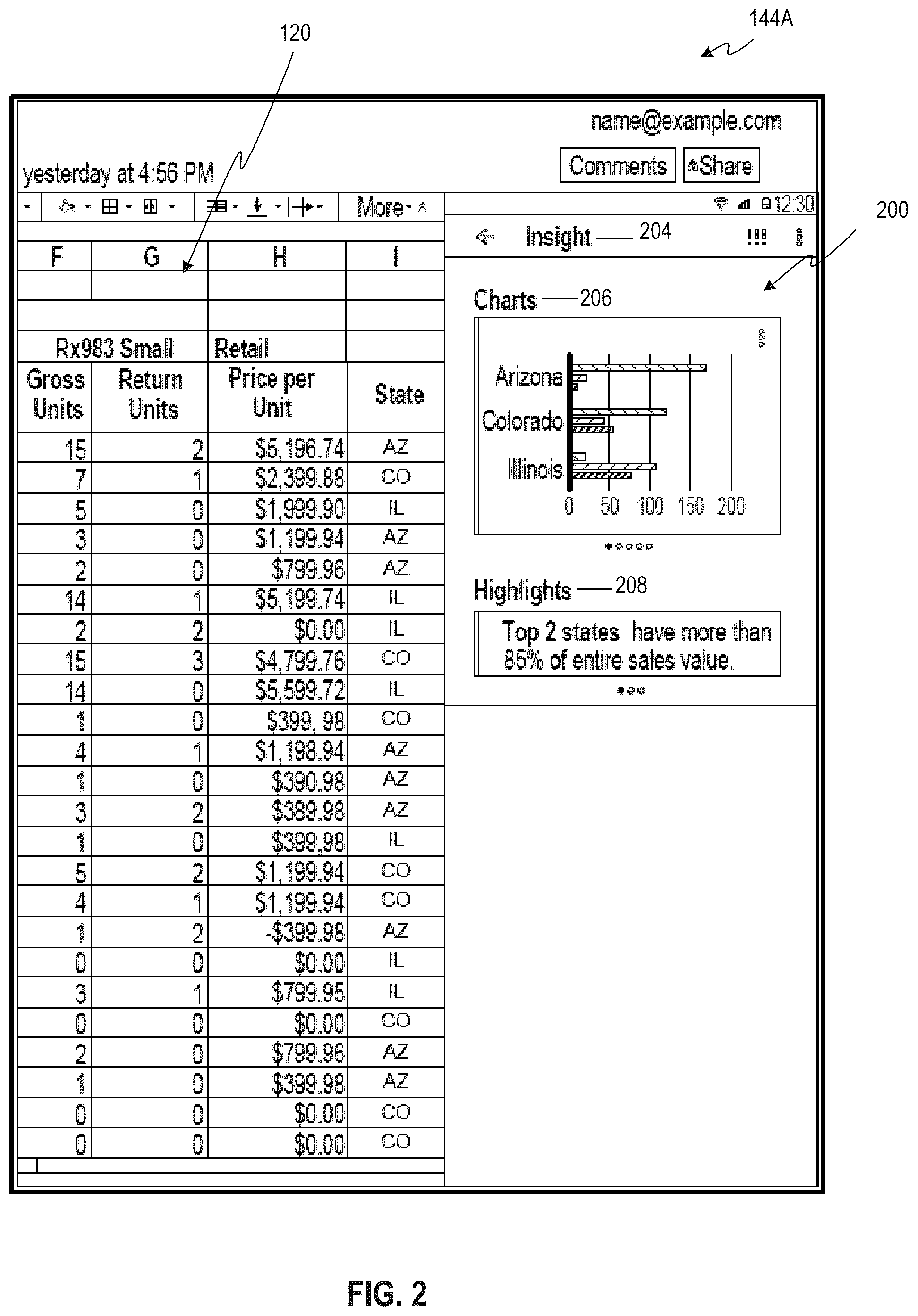 Patent US12112123 Figure 2 – Generating charts from data in a data table