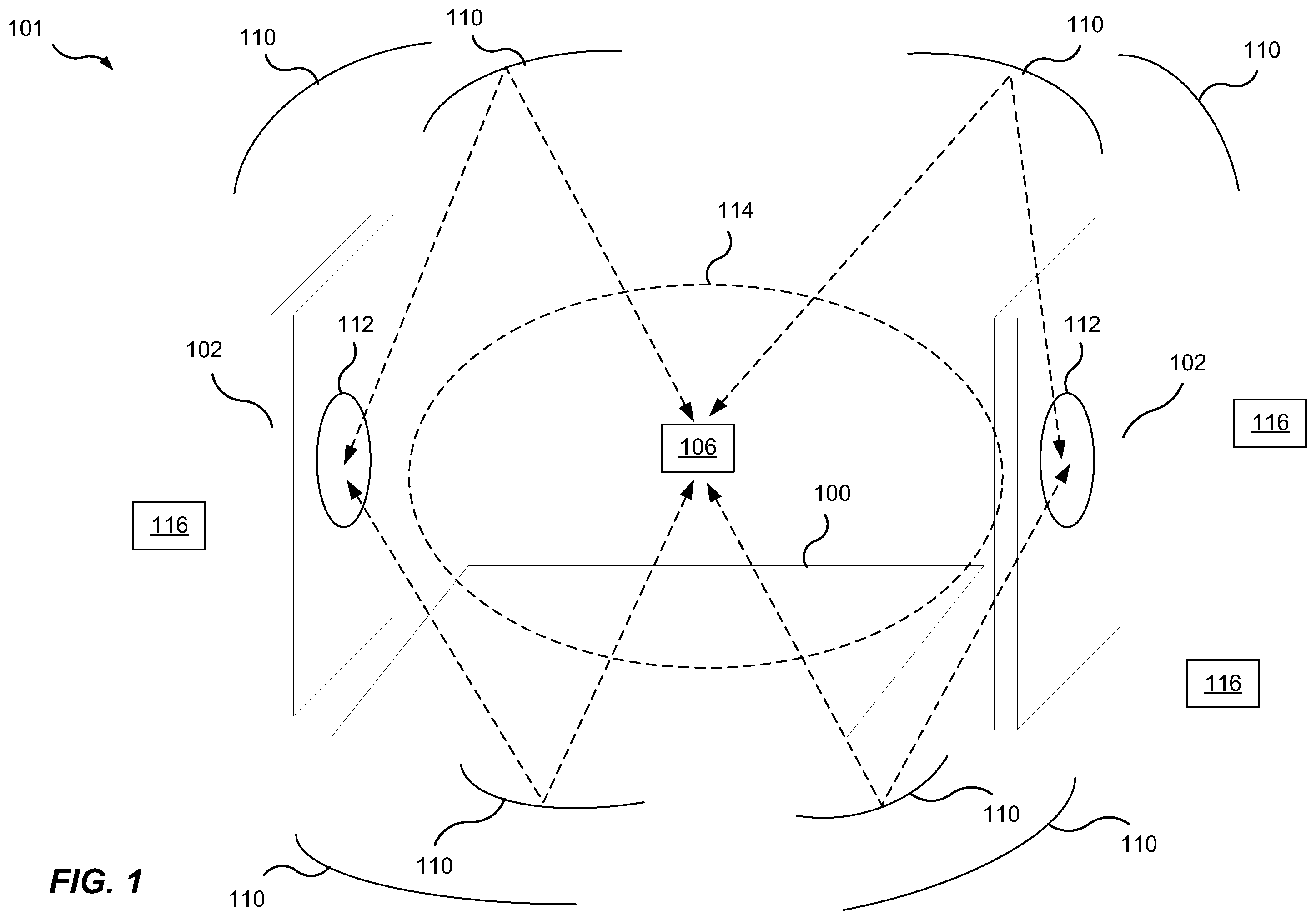 Patent US12112225 Figure 1 – Tag tracking / detection system having a reflective surface