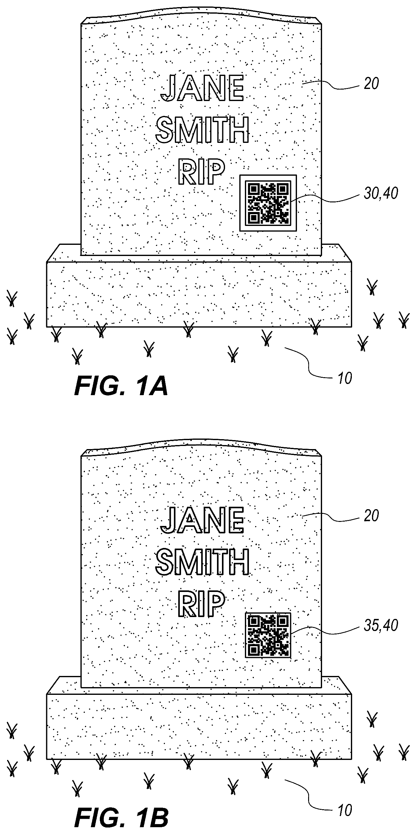 Patent US12112232 Figure 1 – Media playback process initiated from an engraved plaque attached to a tombstone, urn, mausoleum, or crypt