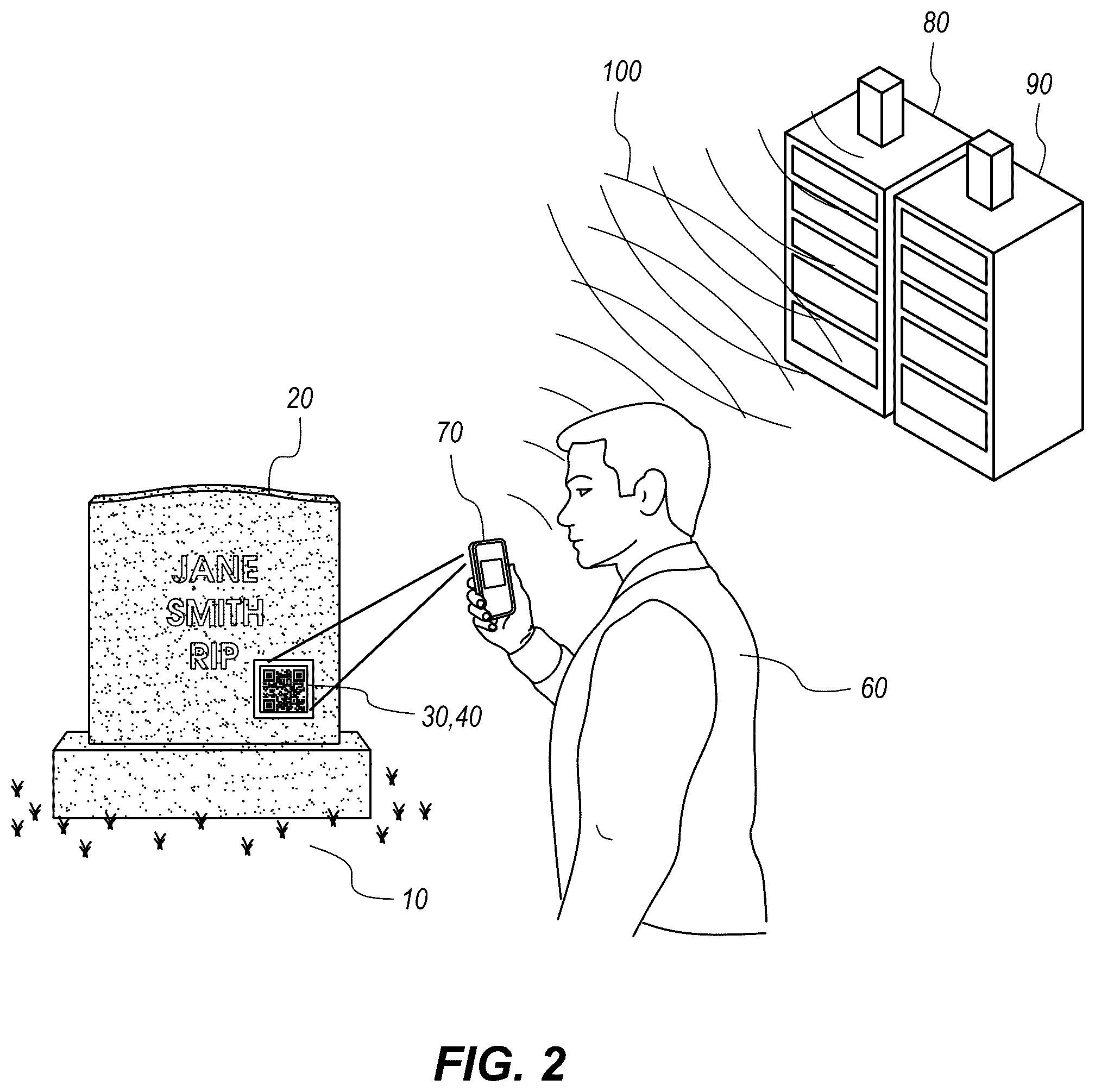 Patent US12112232 Figure 2 – Media playback process initiated from an engraved plaque attached to a tombstone, urn, mausoleum, or crypt