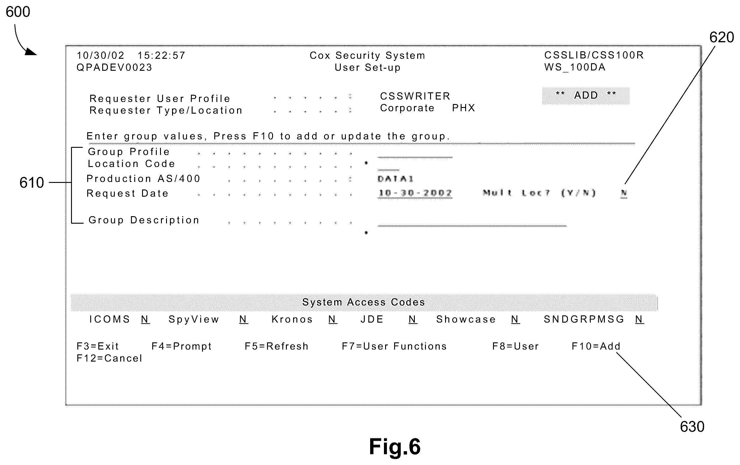 Patent US12112323 Figure 6 – Security system and method that allows users to securely setup and maintain system security for all business systems