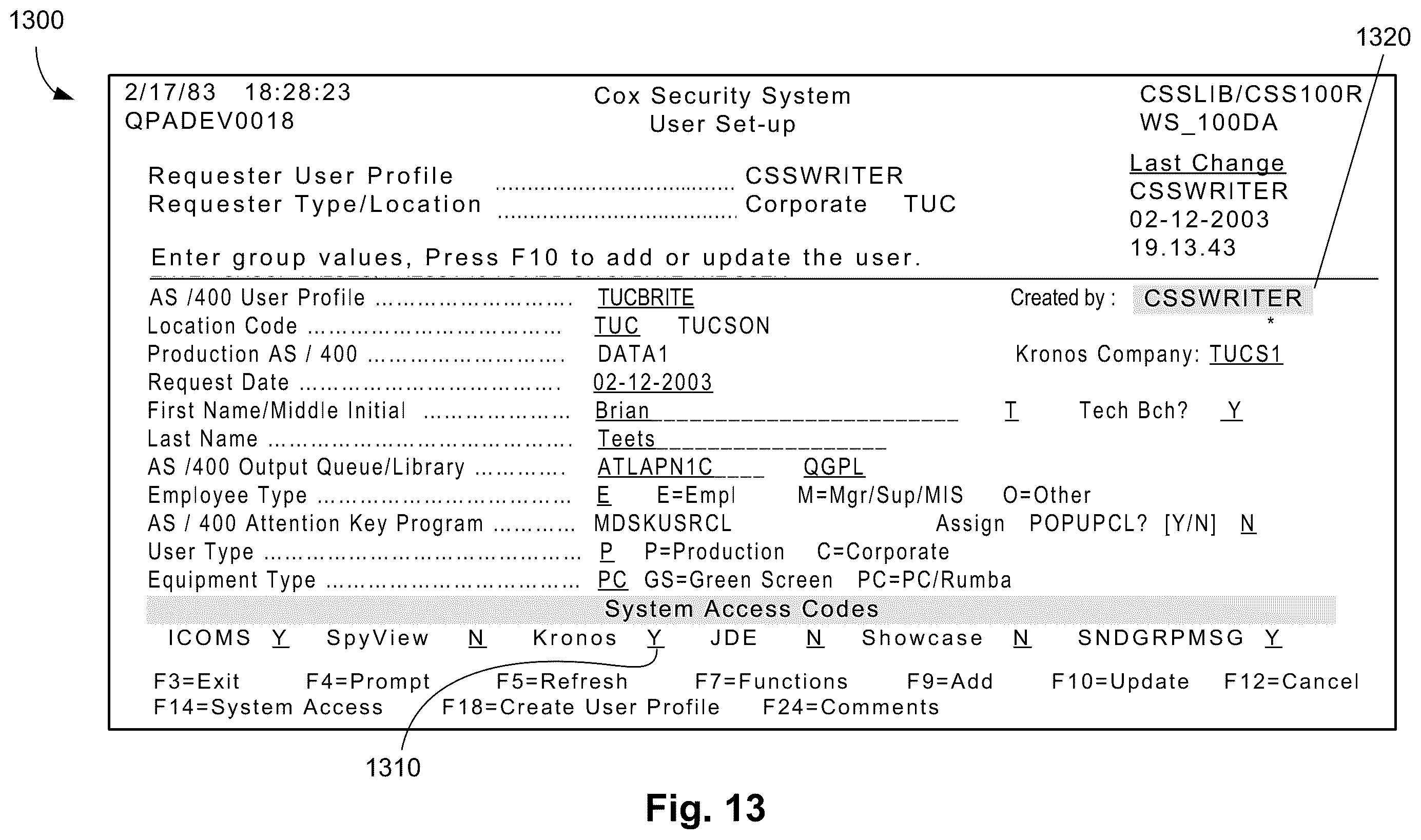 Patent US12112323 Figure 13 – Security system and method that allows users to securely setup and maintain system security for all business systems