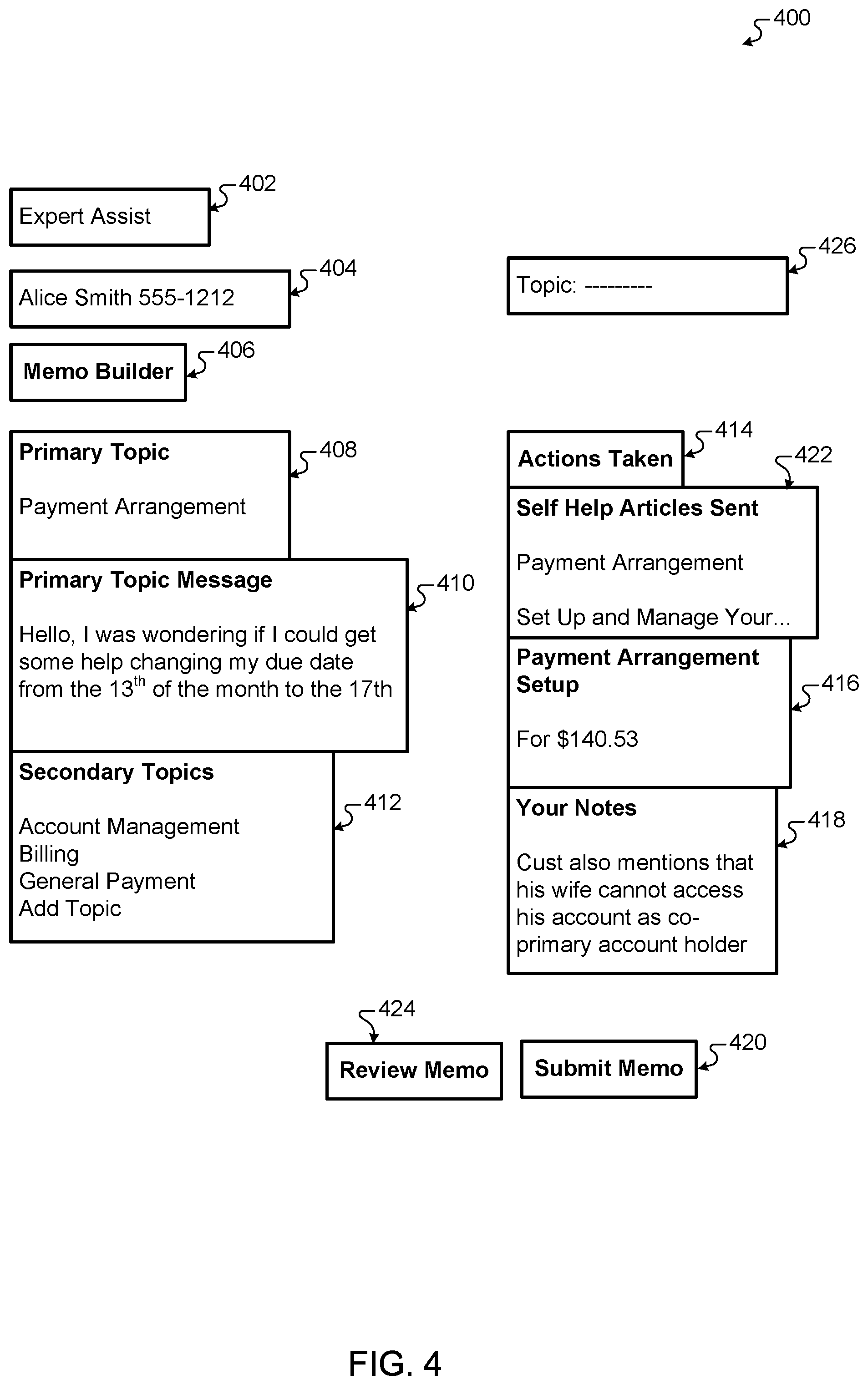 Patent US12112338 Figure 4 – Assistance for customer service agents