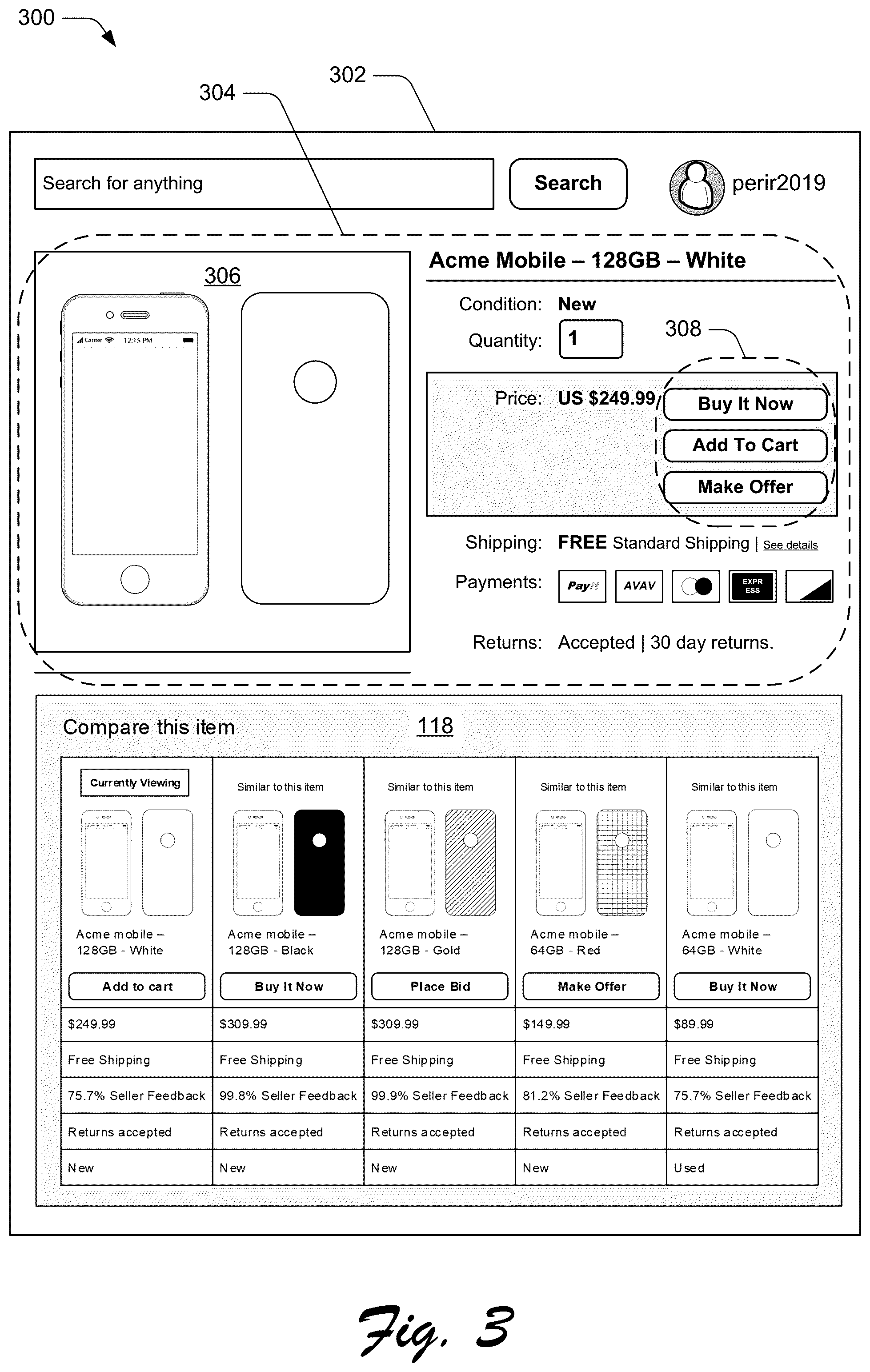 Patent US12112364 Figure 3 – Different action user-interface components in a comparison view