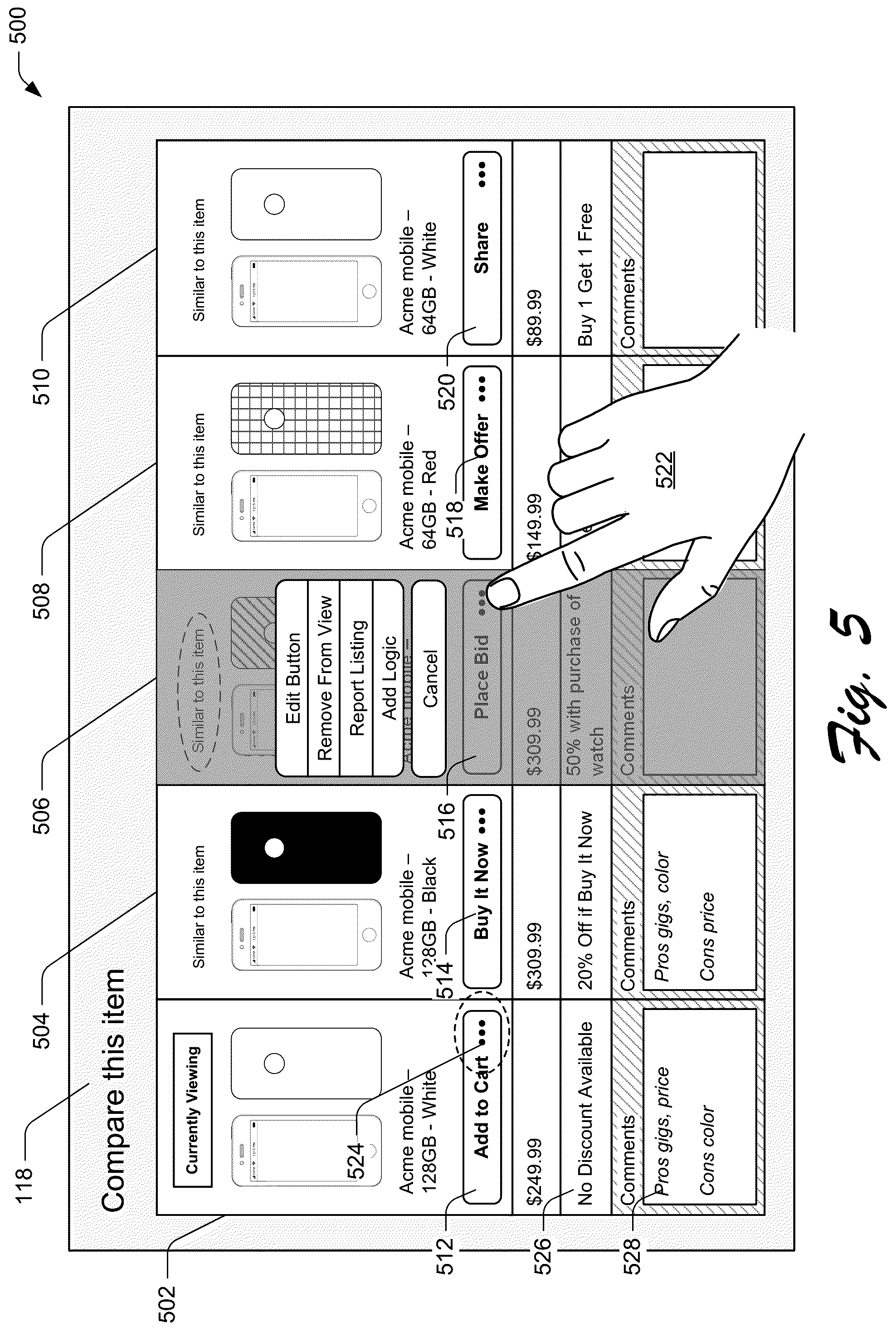 Patent US12112364 Figure 5 – Different action user-interface components in a comparison view