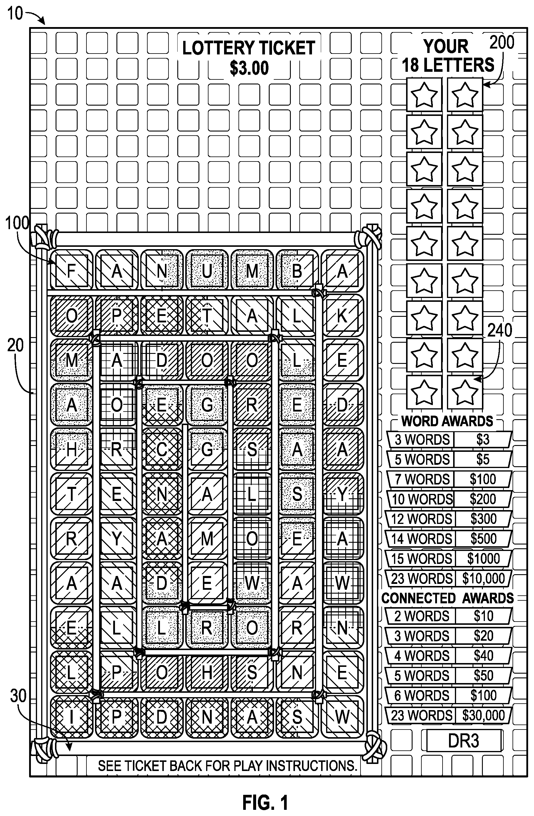 Patent US12112602 — Lottery ticket having connected symbol set feature — Figure 1