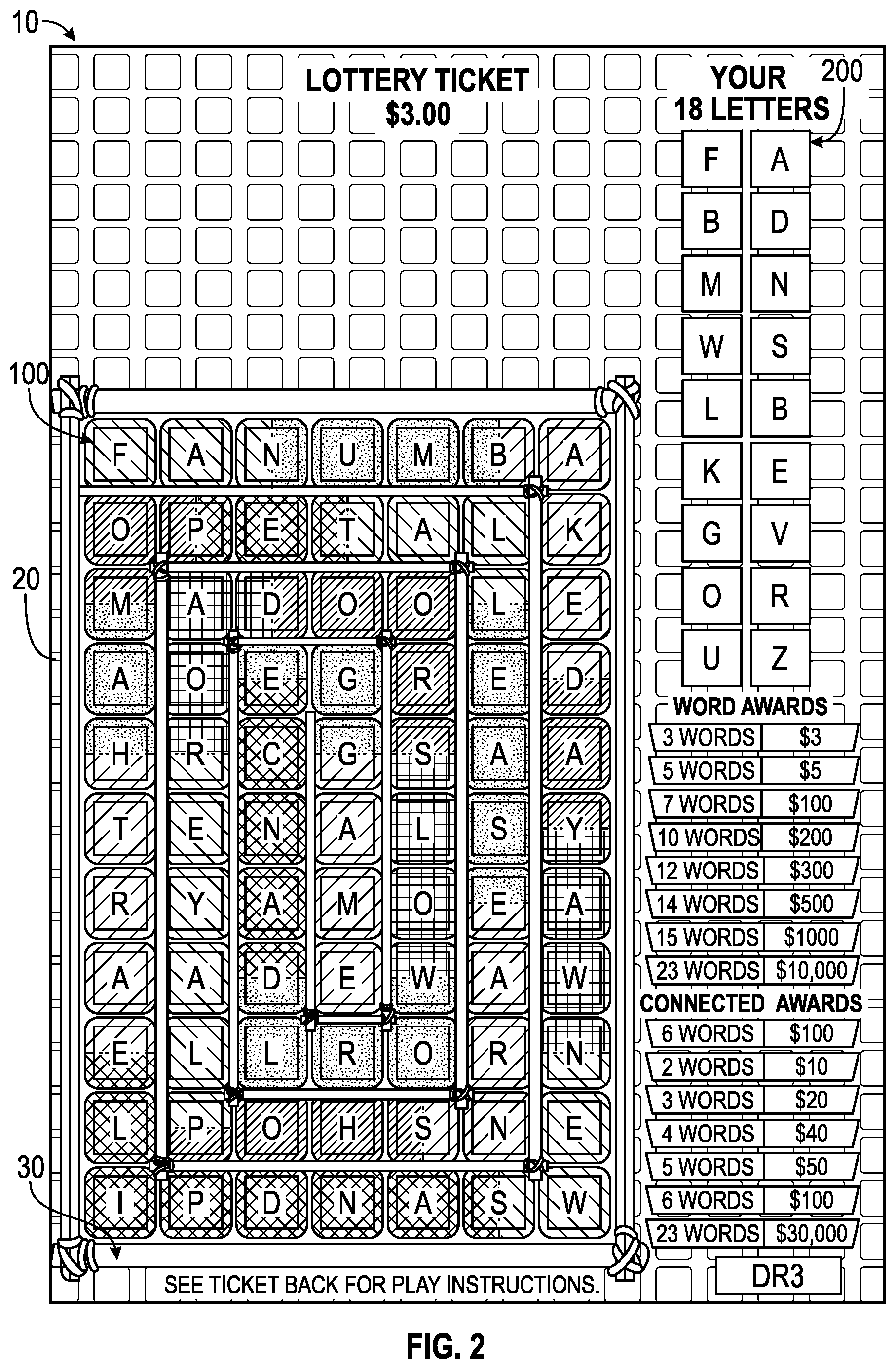 Patent US12112602 Figure 2 – Lottery ticket having connected symbol set feature