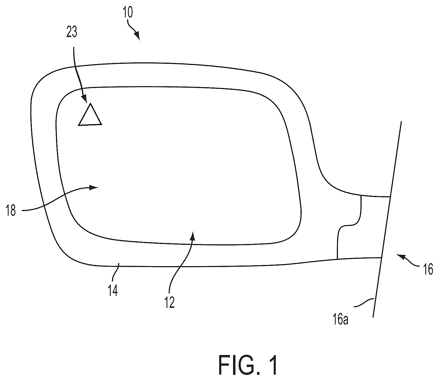 Patent US12112637 Figure 1 – Exterior mirror assembly with blind zone indication module