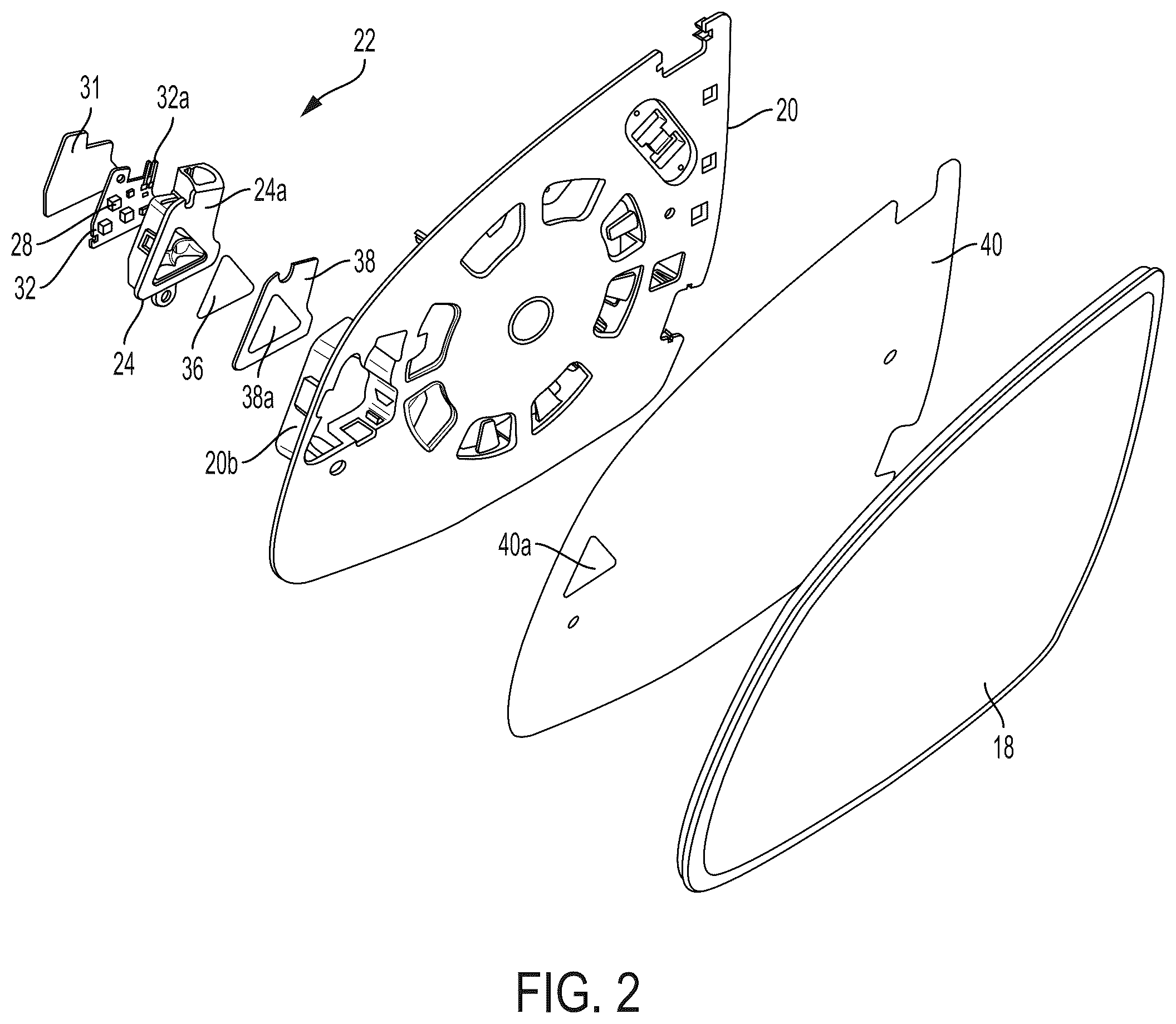 Patent US12112637 Figure 2 – Exterior mirror assembly with blind zone indication module