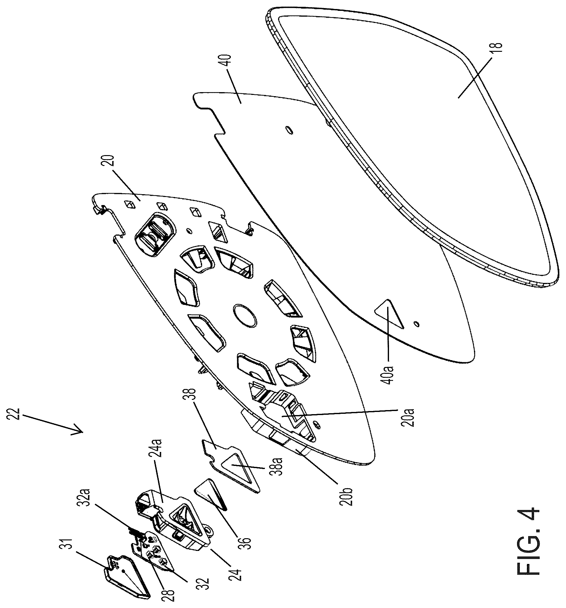 Patent US12112637 Figure 4 – Exterior mirror assembly with blind zone indication module
