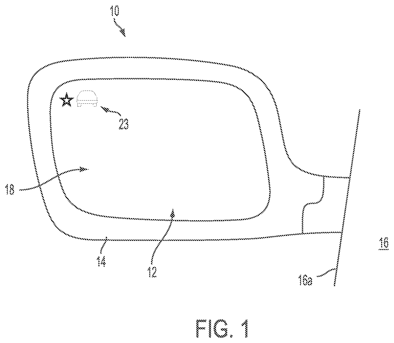 Patent US12112638 Figure 1 – Vehicular exterior rearview mirror assembly with blind zone indicator