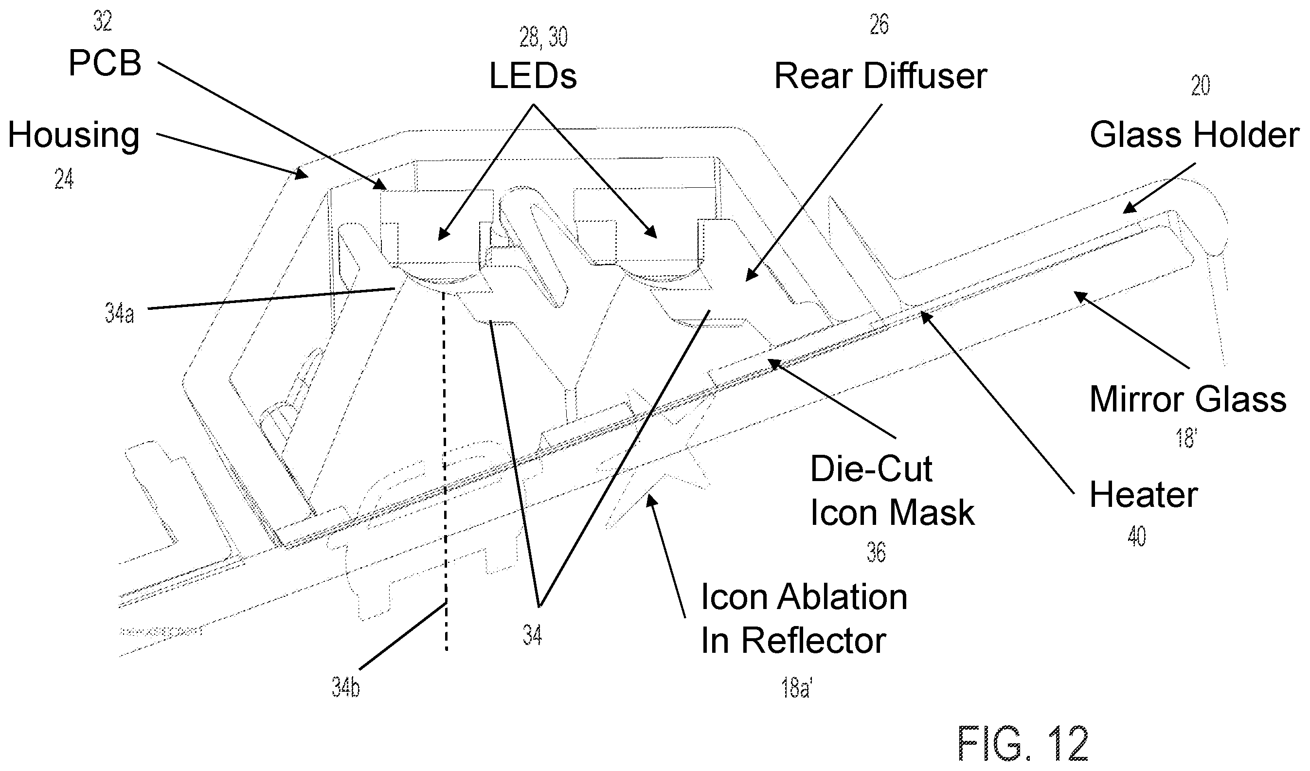 Patent US12112638 Figure 8 – Vehicular exterior rearview mirror assembly with blind zone indicator